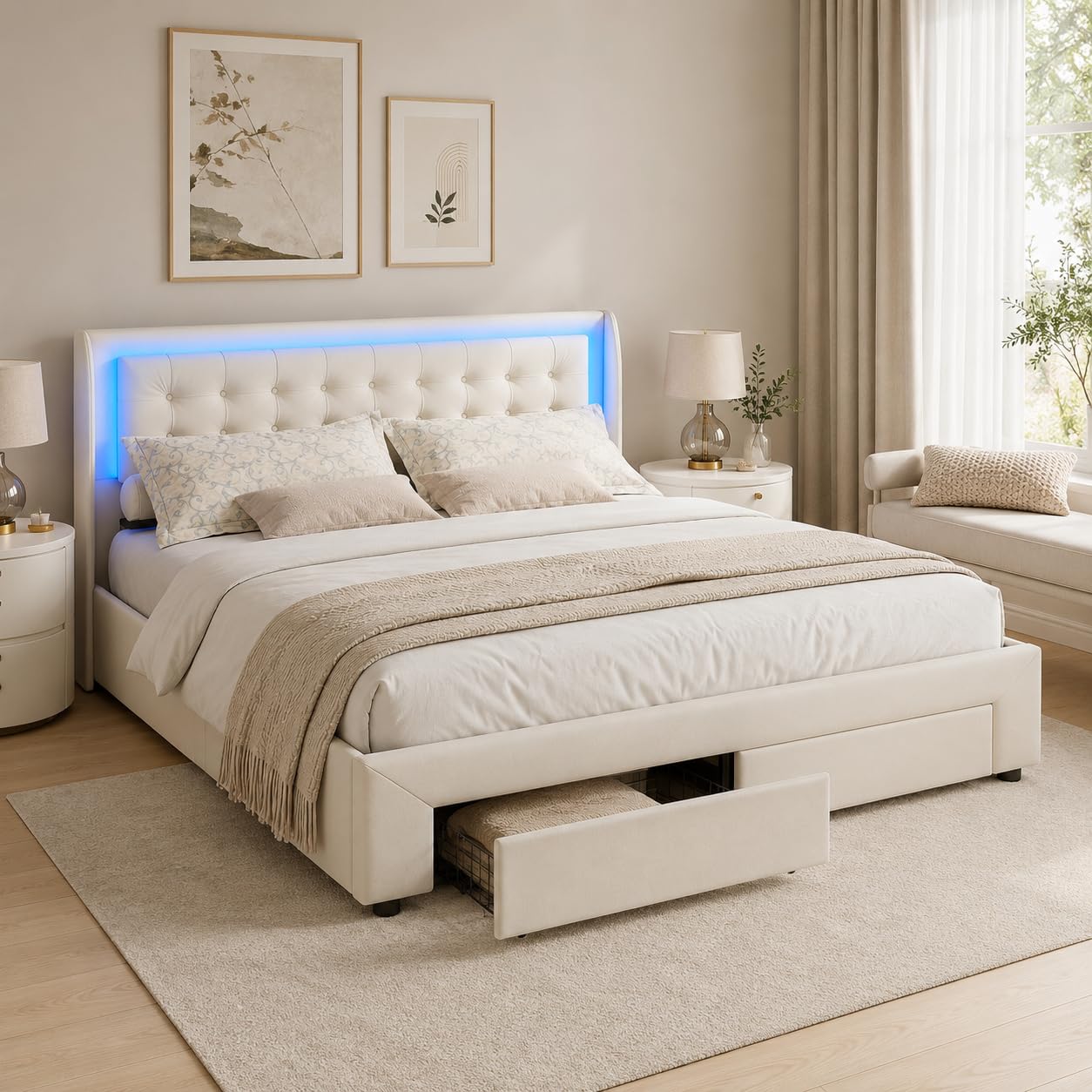PerGar Letto imbottito 180 x 200 cm, letto matrimoniale a LED con vano portaoggetti e 2 cassetti, letto idraulico, letto funzionale, letto con vano portaoggetti, letto per ragazzi in velluto, senza