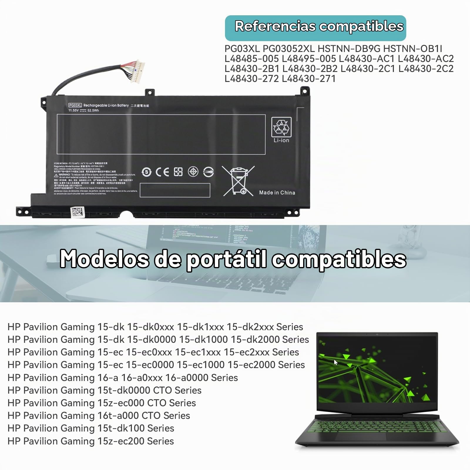 PG03XL Batería para HP Pavilion Gaming 15-dk 15-EC 16-a 15-dk0000 15-dk1000 15-dk2000 15-ec0000 15-ec1000 15-ec2000 16-a0000 15z-ec000 16t-a000 15t-dk100 15z-ec200 L48430-AC1 L48430-AC2 L48495-005
