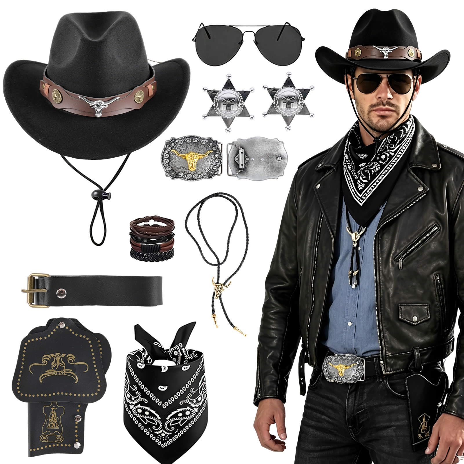 Vixtte 9-piece men's denim accessory set, western style, suitable for role-playing, theme parties and costumes