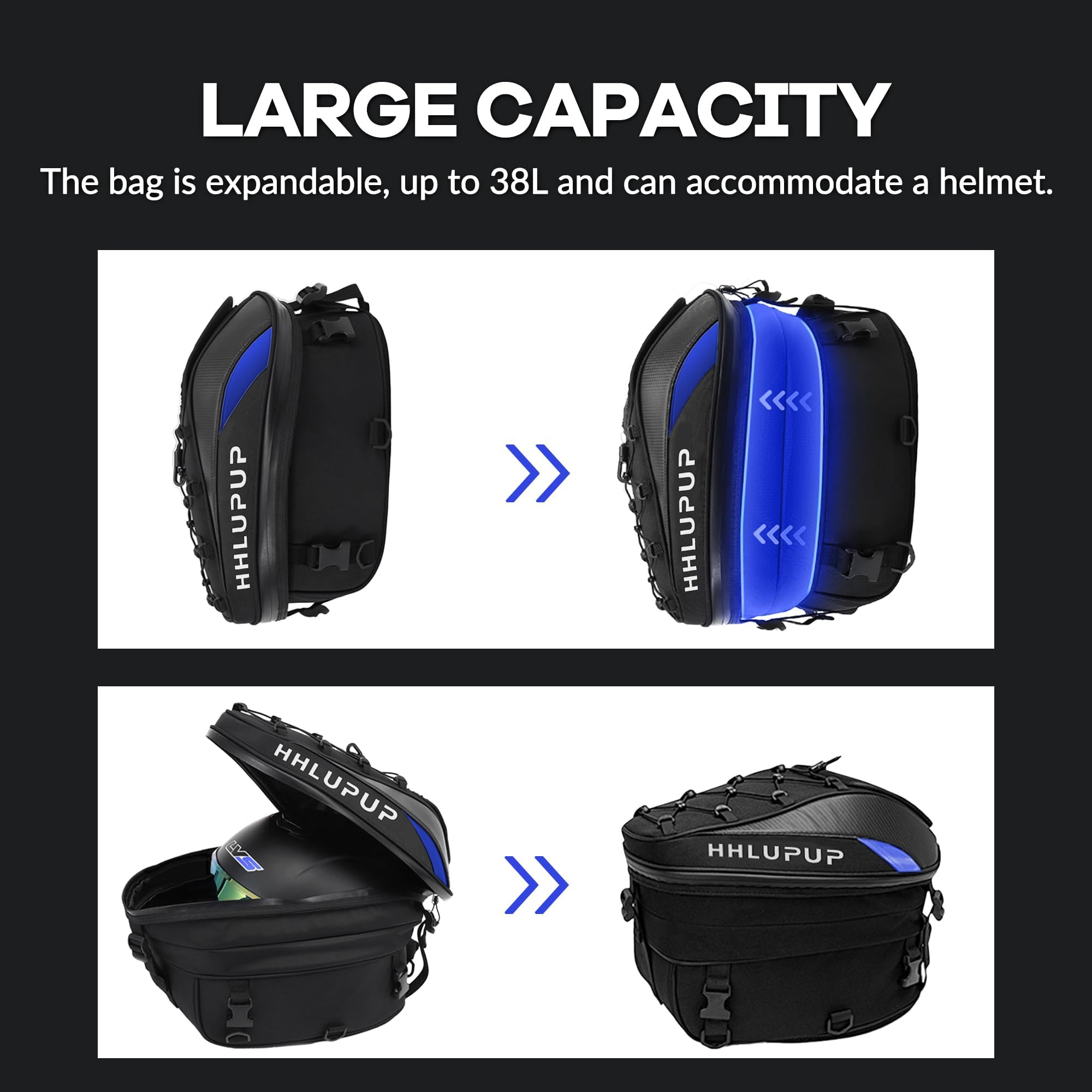 Borsa da sella per casco da moto, zaino da moto da 38 litri, impermeabile, borsa per casco da moto, 25-38 l, grande capacità, doppio uso (blu)