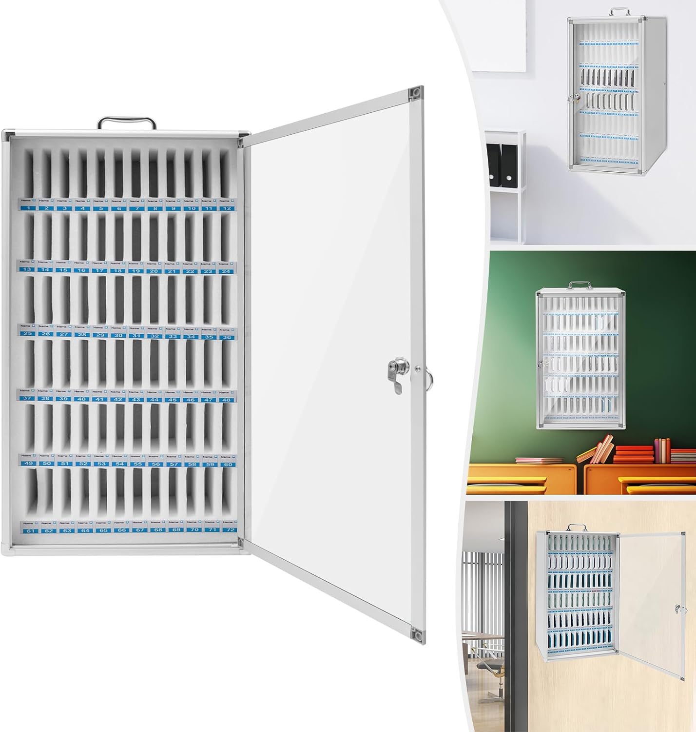72 Slots Cell Phone Locker, Aluminum Alloy Pocket Chart Storage Cabinet for Cell Phones, Wall-Mounted with a Locked Classroom Cell Phone Holder for Classroom Office Gym