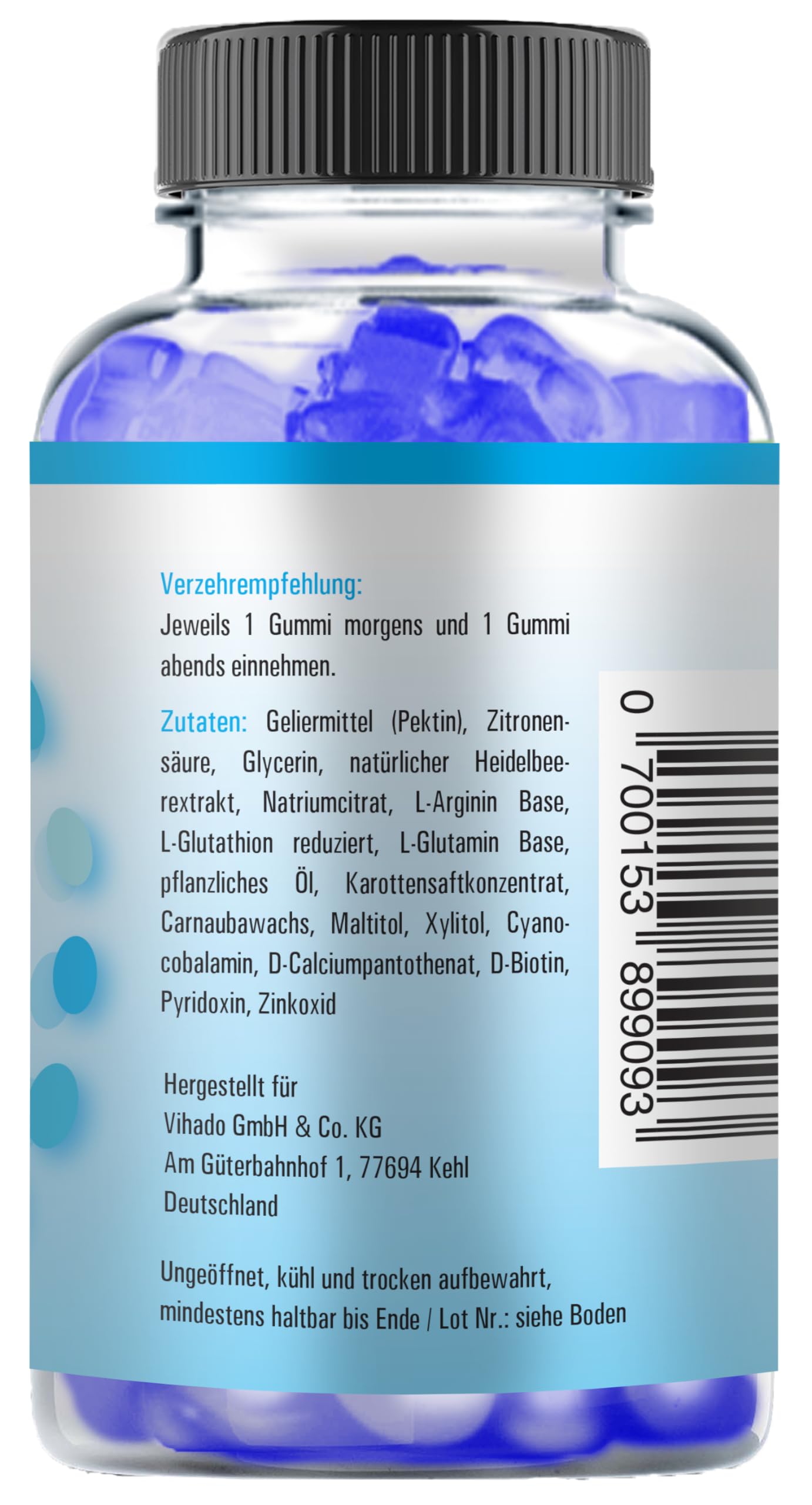 Vihado blaue Männer Gummies - Extra starke sofort Rezeptur hochdosiert - mit L-Arginin, L-Glutathion, L-Glutamin, 60 Gummies