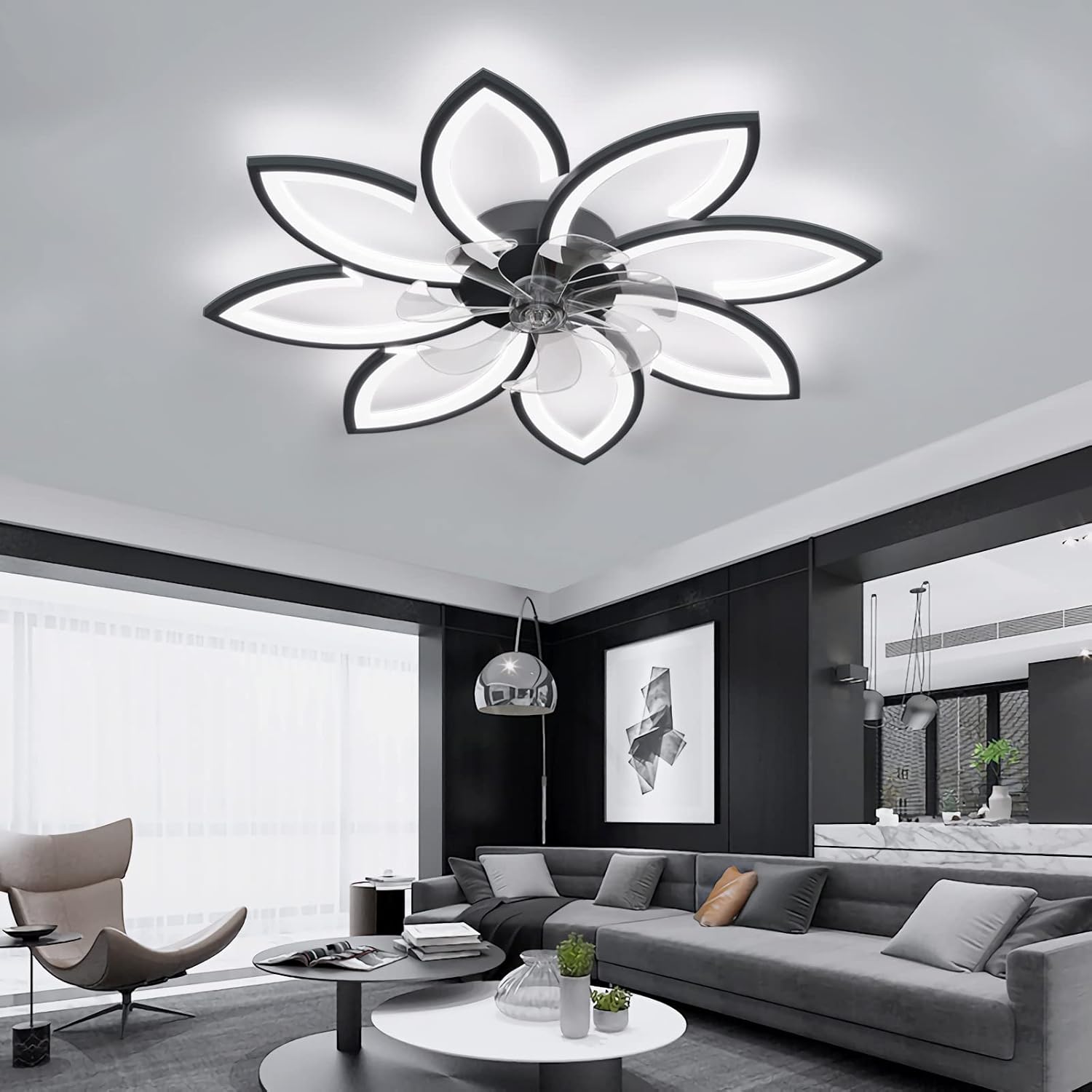 YUEGOO Ceiling Fans with Lamps,Silent Led Dimmable Ceiling Fan with Light 6 Speed Reversible Timer Chandelier Fan Modern Design Winter Summer Mode for Living Room Bedroom/Black