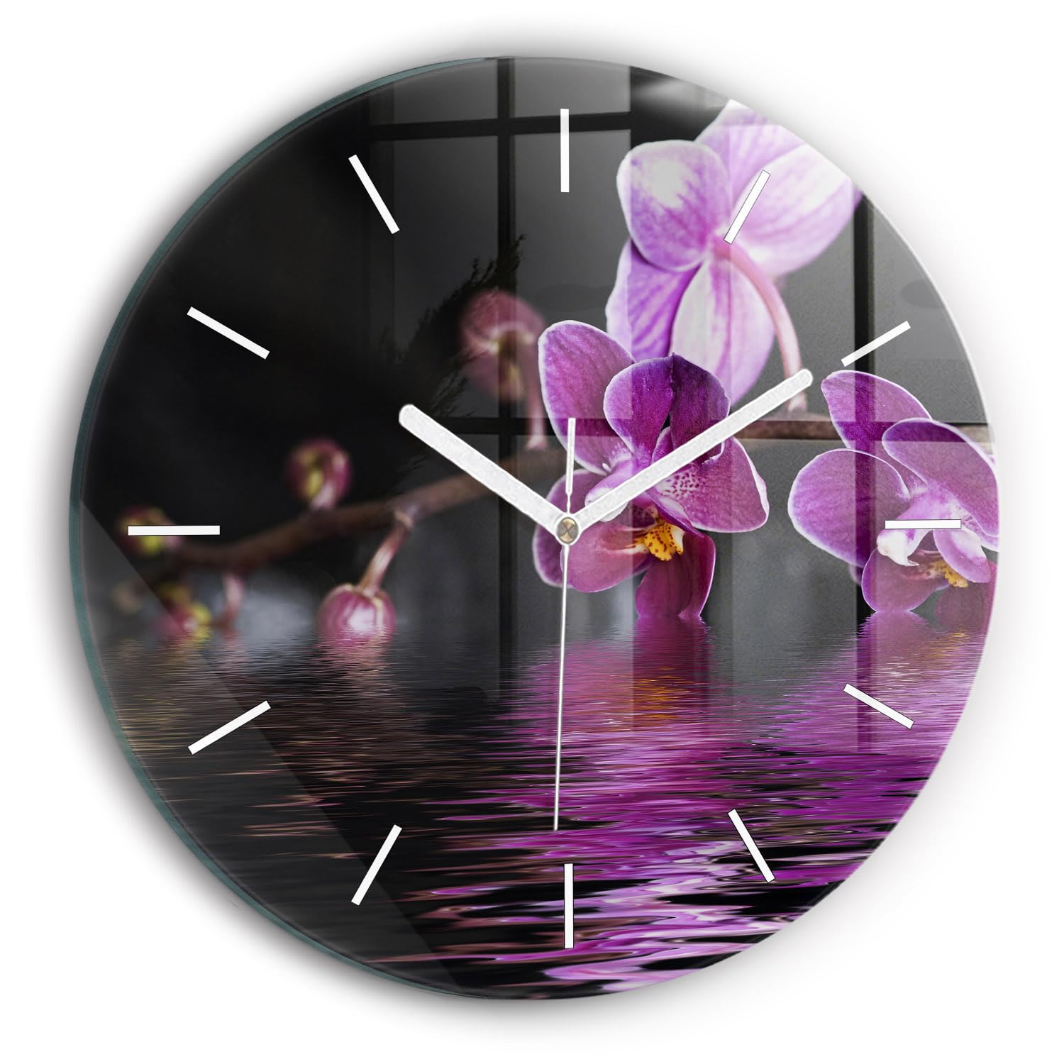 Horloge en Verre Silencieuse Wallfluent 30 cm avec Motif Orchidée Déco Murale Moderne