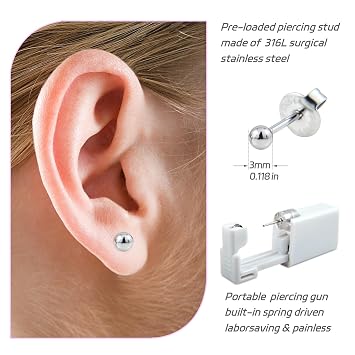 2 Pack Disposable Ear Piercing Gun Kit Safe Home Use Ear Piercer Ear Piercing Needle with Built-in Sterile Earring Stud(203#)