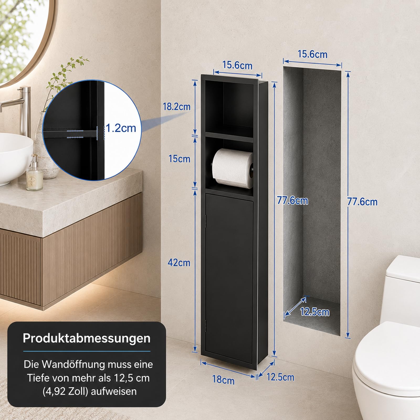Unterputz Toilettenpapierhalter Edelstahl mit Klobürstengarnitur | 80 x 18 x 12,5 cm Badezimmerschrank mit Toilettenpapierhalter, und Badezimmer-Schrankfunktion, Matt Schwarz