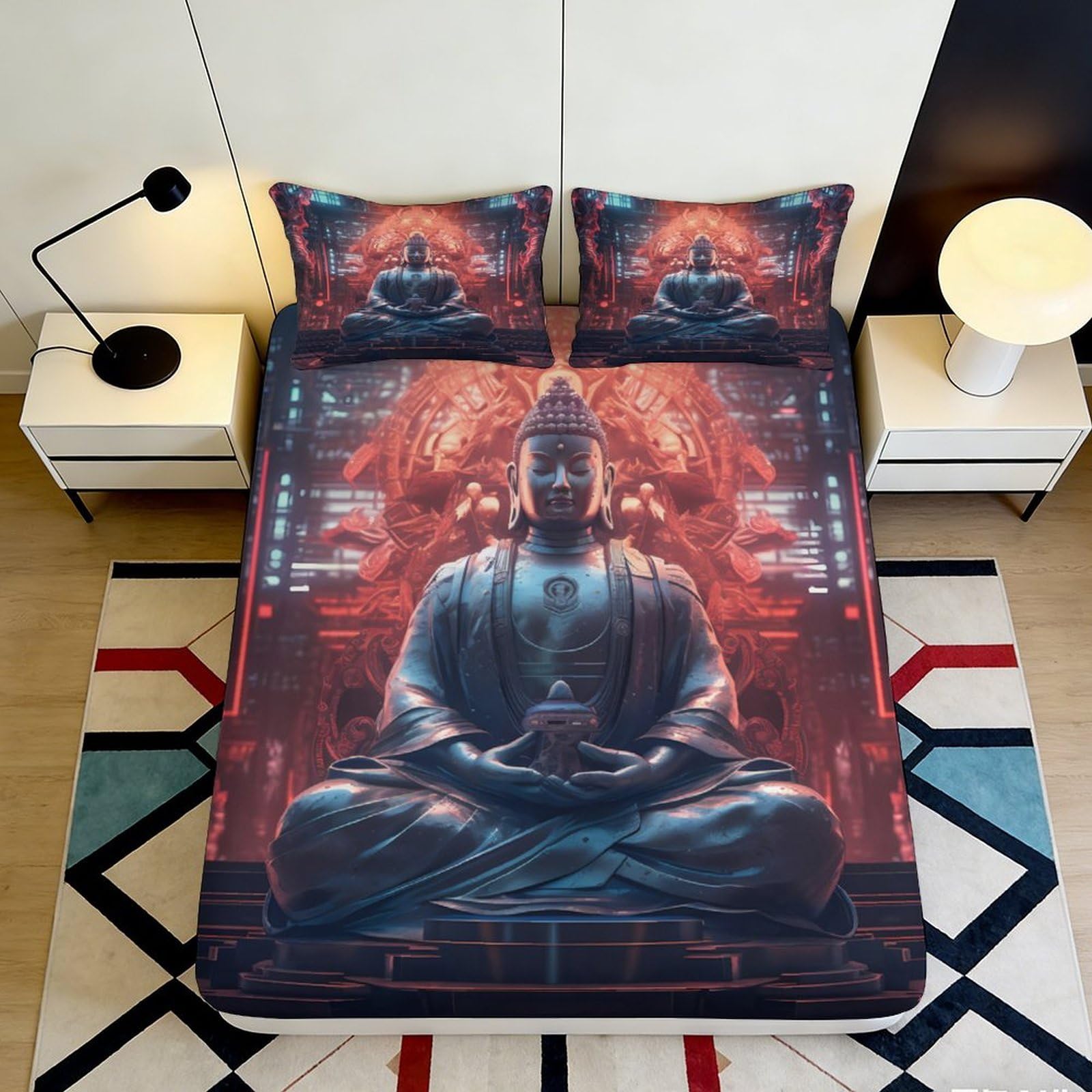 3D Printed Buddha Meditation Fitted Sheet Microfiber Soft Breathable Zen Art Mattress Cover for Bedroom Guestroom Decor 90x200x25cm