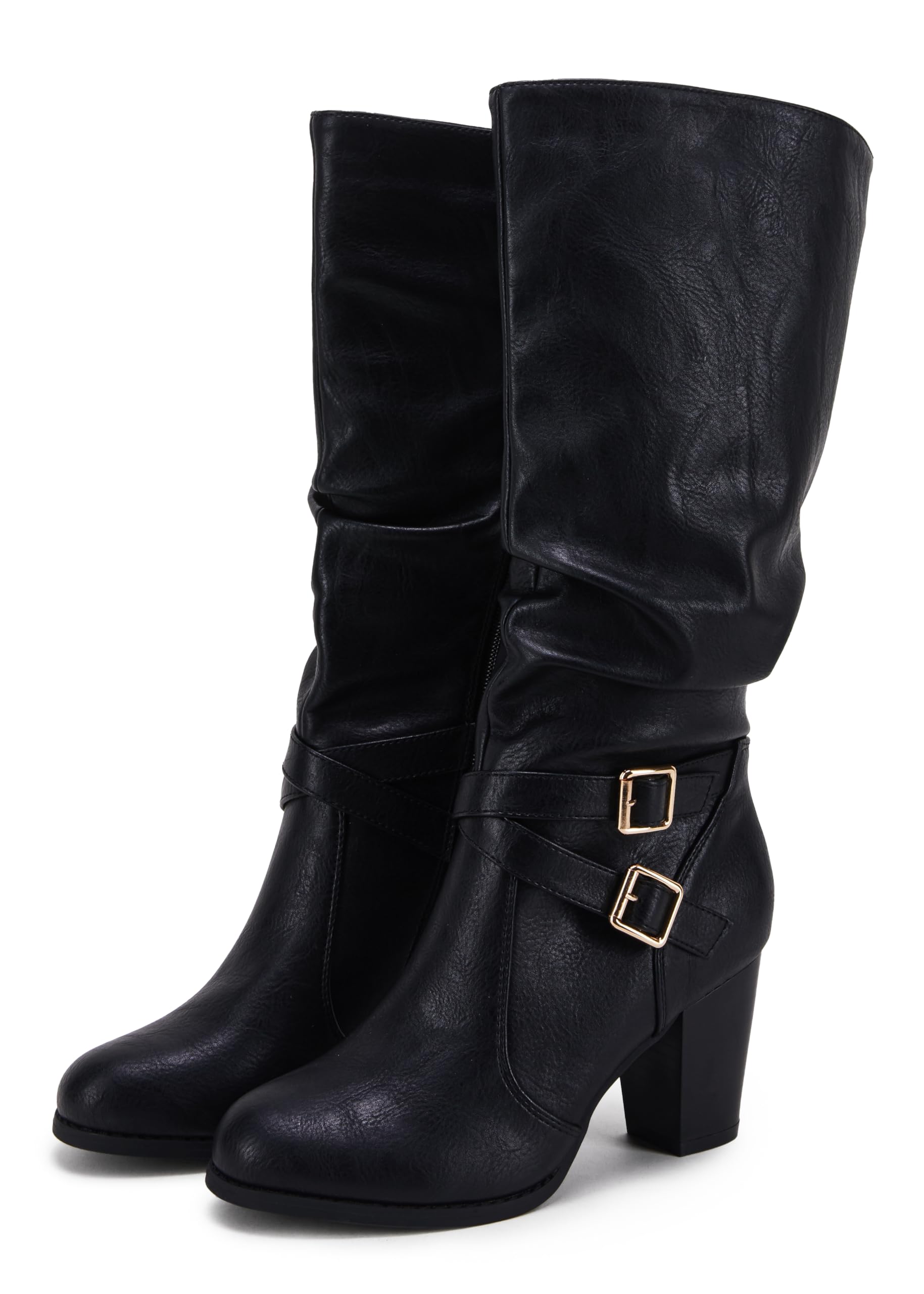 Ermonn Womens Mid Knee High Boots Chunky Heel Slouchy Metal Buckle Side Zipper Fashion Winter Shoes
