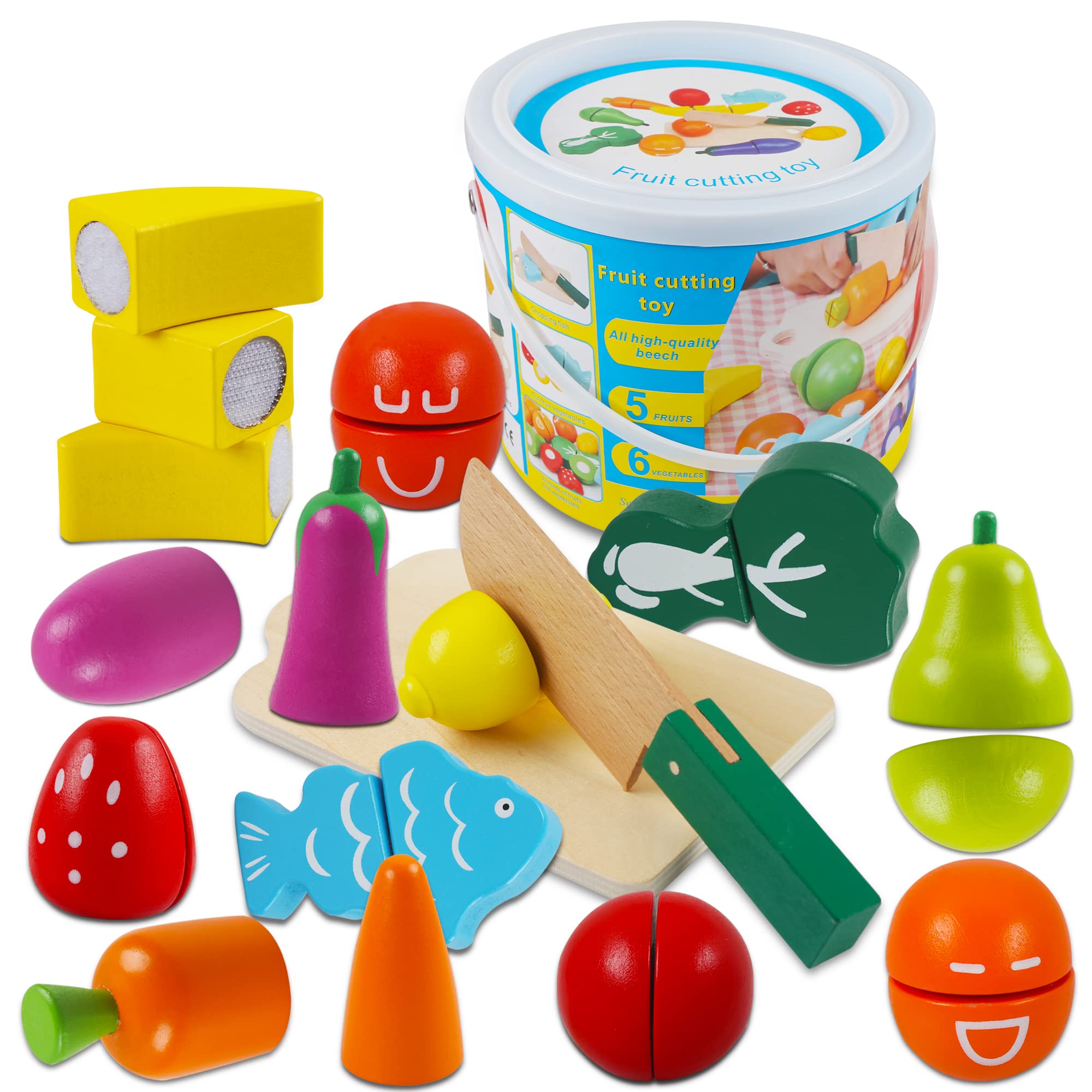 omyzan Juguetes de Madera Comida de Juguete para Niños Frutas y Verduras Juguete Montessori para Cortar Madera Juguete Juegos Educativos para Niños y Niñas de 3+ Años Regalo de Cumpleaños