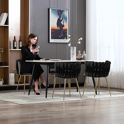 Miniatura 2 de Juego de 2 sillas de comedor tapizadas de terciopelo, sillas modernas para sala de estar con respaldo tejido y patas de metal dorado, silla auxiliar