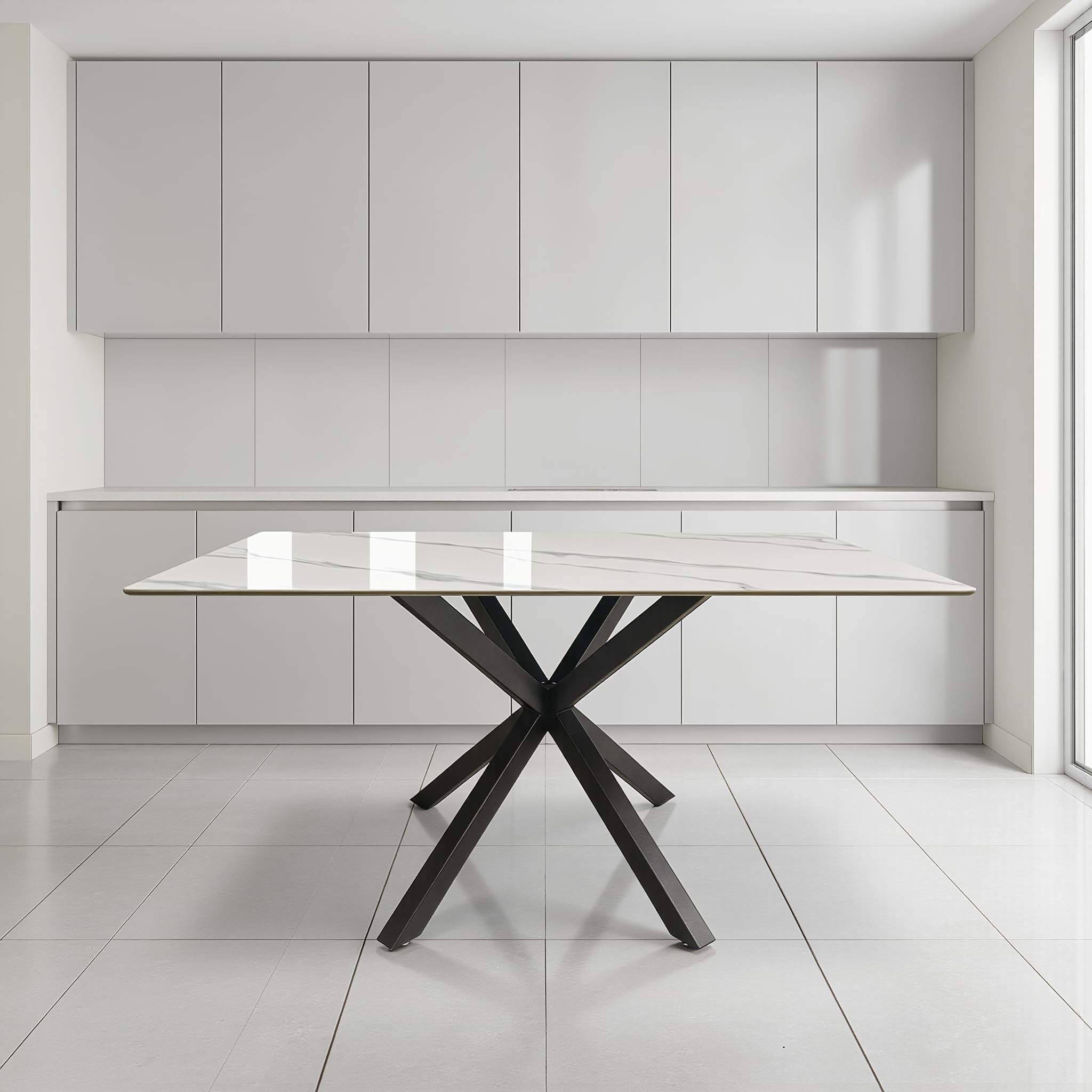 Tavolo da Pranzo in Ceramica Gres Porcellanato 150x90 cm – Piano Lucido Antigraffio Antimacchia – Gambe Incrociate Ferro Verniciato Nero – Finitura Pandora o Calacatta Bianco Marmo