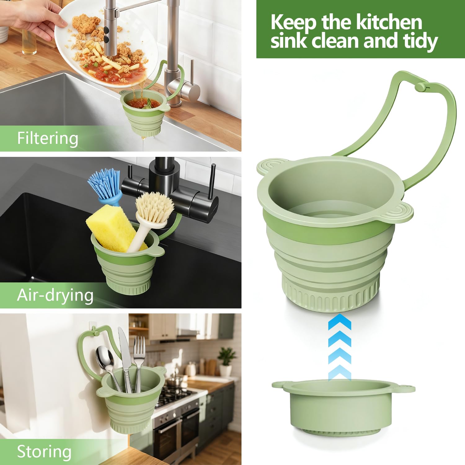 Pieghevole Cestello di Scarico per Lavello da Cucina, Cestello Filtro per Lavandino in Silicone, Rimovibile da Appendere, per Filtrare i Residui di Cibo e Prevenire L'Intasamento del Lavello (Verde)
