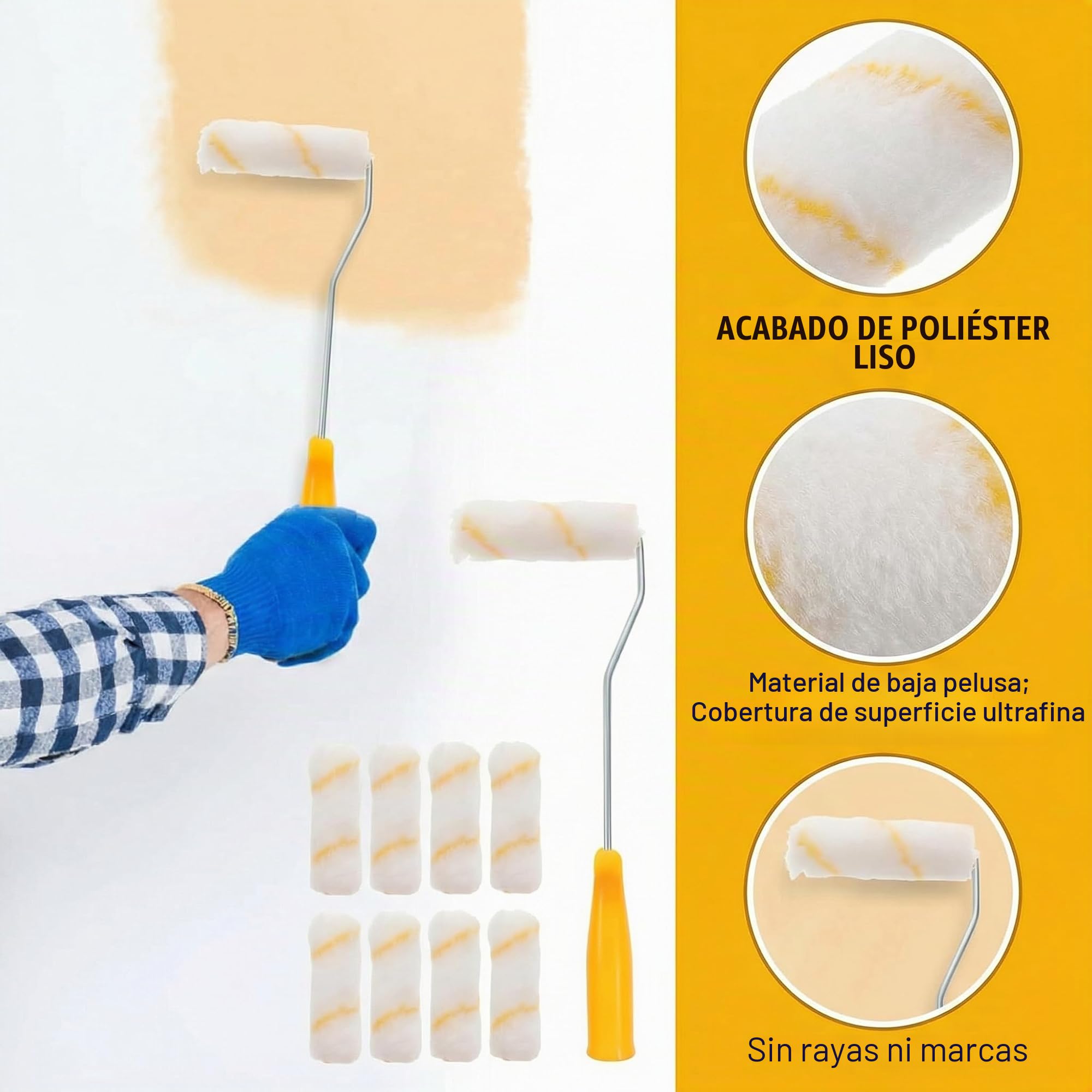 60 Piezas Set de Rodillos de Pintura Pequeños,10 CM Rodillo Pintura Pared Rodillo de Pintura Pequeño con 3 Mango de Rodillos,Juego de Cepillos para Pulgar Amarillo para Renovaciones Paredes | Rodillos de espuma para puertas, muebles, radiadores, paredes y