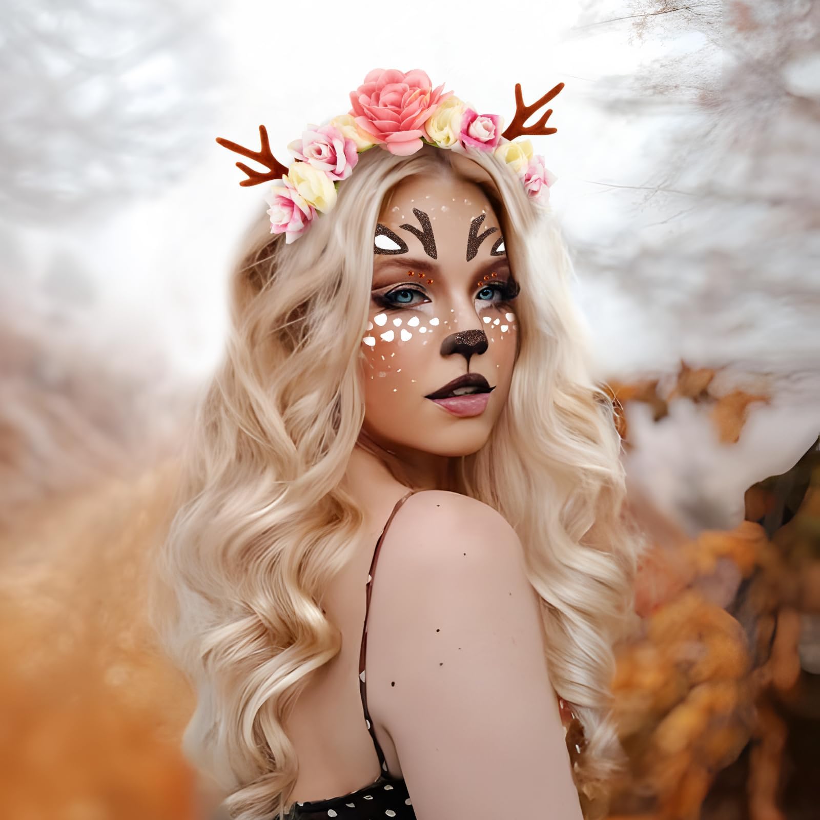 Christmas Flower Deer Headband,Flower Crown Reindeer Antlers Headband,Xmas Hair Accessories Festival Photo Props Floral Wreath Headdresses Forest Fairy Costume Photography Hair Hoop for Women Girl - Image 2