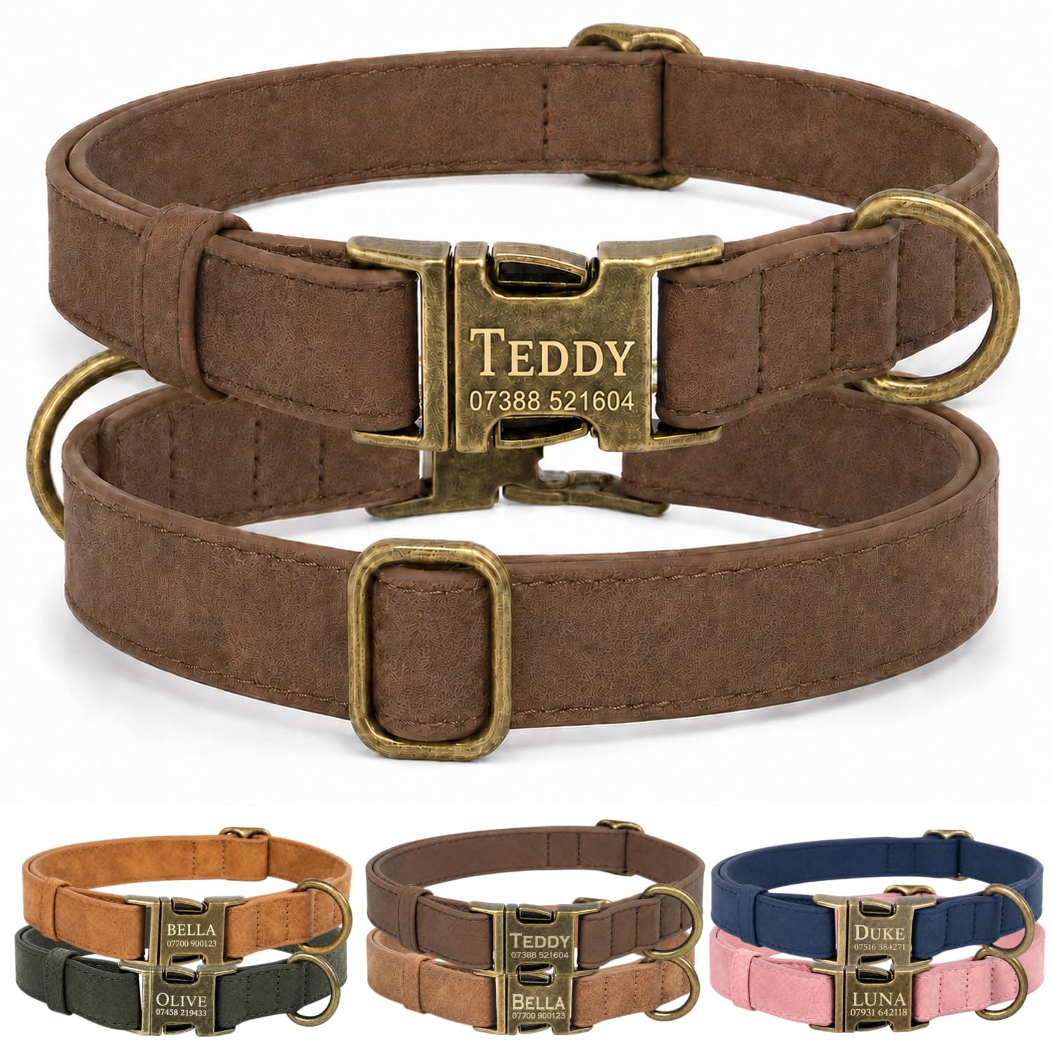 Personalised Leather Dog Collar with Name and Phone Number, Soft PU Leather Custom Dog Collar with Engraved Metal Buckle in UK, Vintage Adjustable Collar for Small Medium Large Dogs