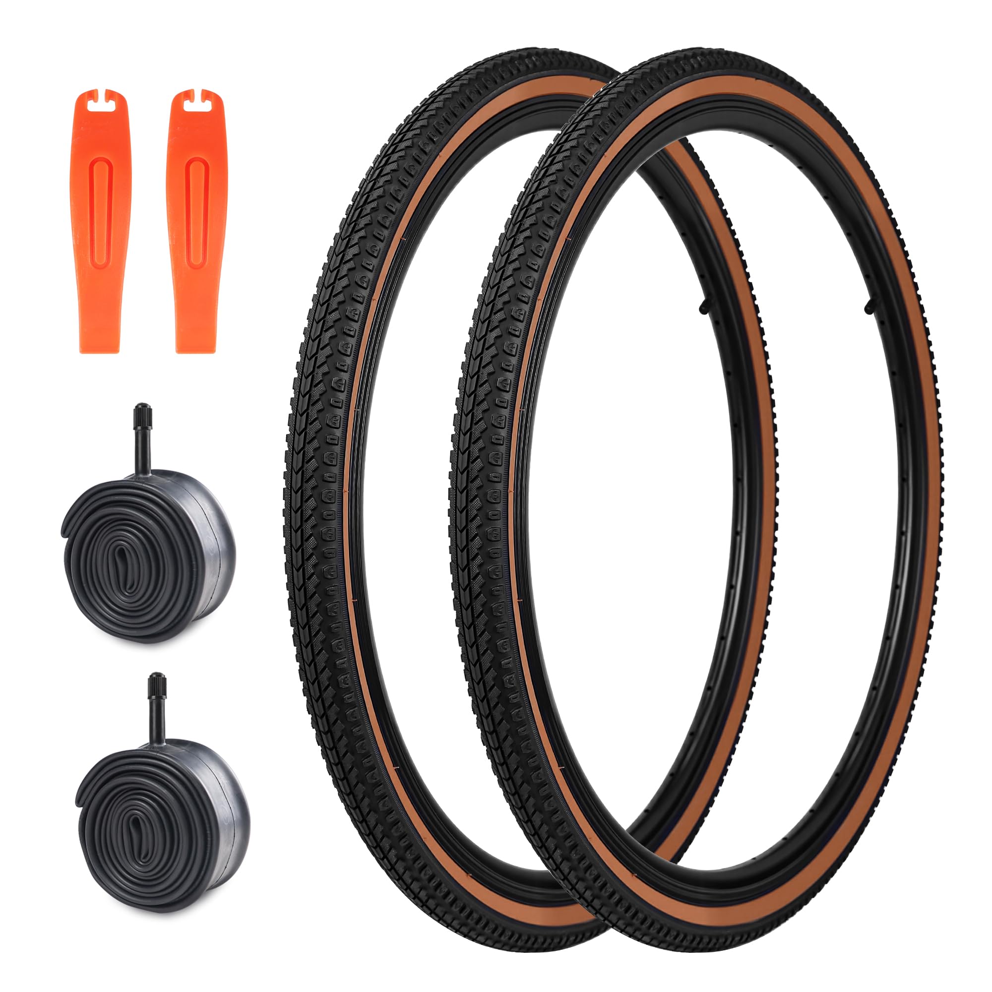 MEGHNA Bicycle Tyre Set Bicycle Coat Tyres 2 Pack 24/26 x 1.5 Inch Cover + 2 Pack AV35 mm Tubes + 2 x Tyre Levers for MTB/Gravel Bike/Road Bike/Folding Bike (Brown Wall, 26 x 1.5 Inches)
