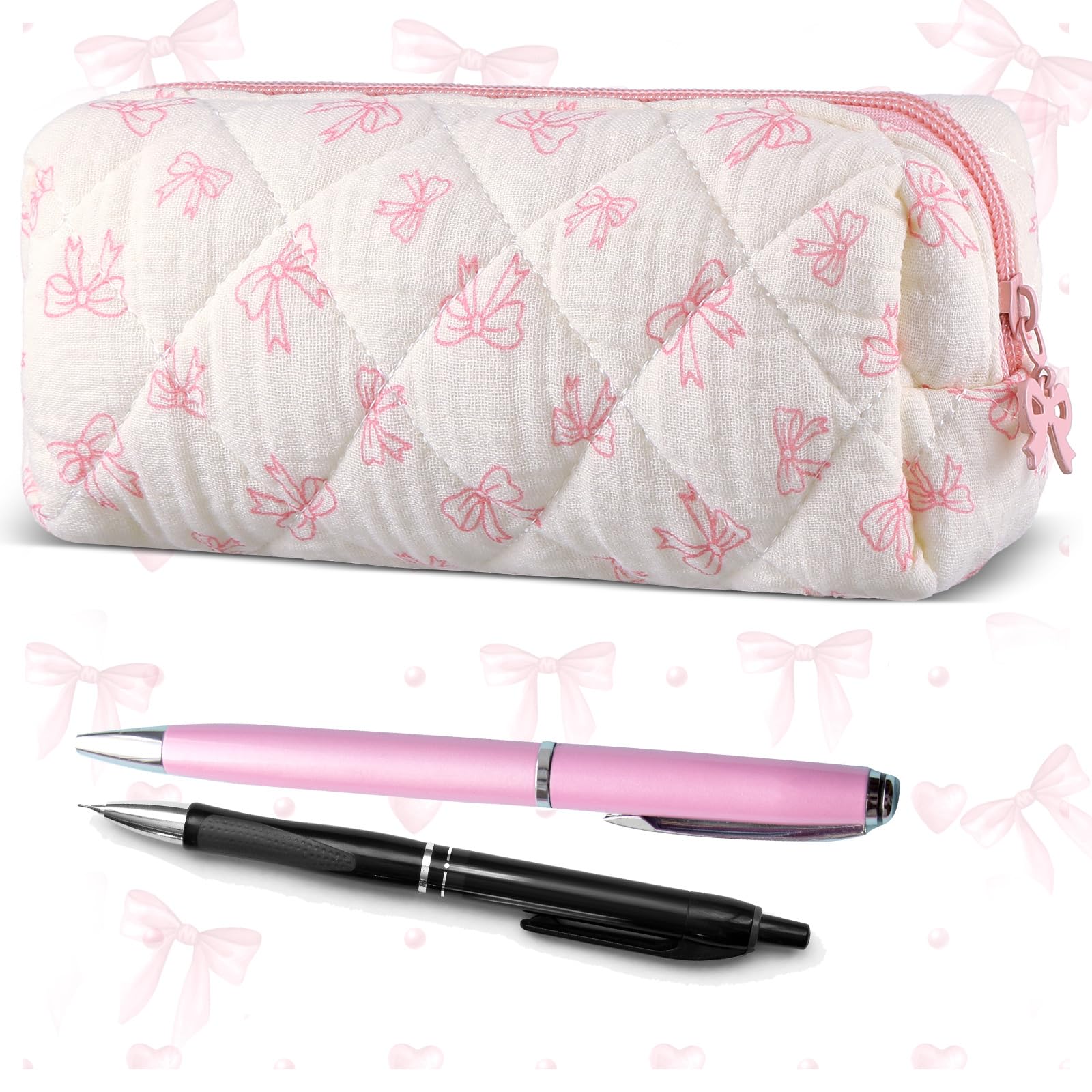Sherr Coquette Bow Pencil Case Pink Bow Cute Pencil Pouch Soft Cotton Storage Bag Aesthetic Pattern Gift Makeup Pouch Cosmetic Bag for Women stylish