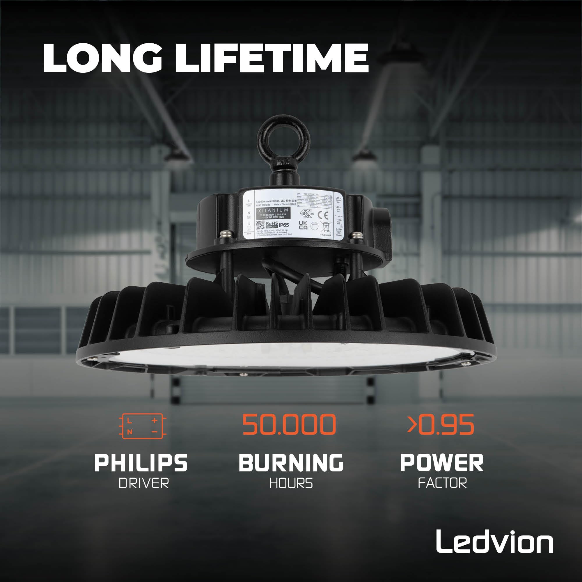 Ledvion - LED Hallenstrahler inkl. Leistungsschalter 120-160-200W, LED werkstatt Deckenleuchte, dimmbar, 175lm/W, 35.000lm, 6500K, IP65, UFO-Hallenstrahler | 175 lm/W, dimmbar in 3 Stufen, IP65, 5 Jahre Garantie