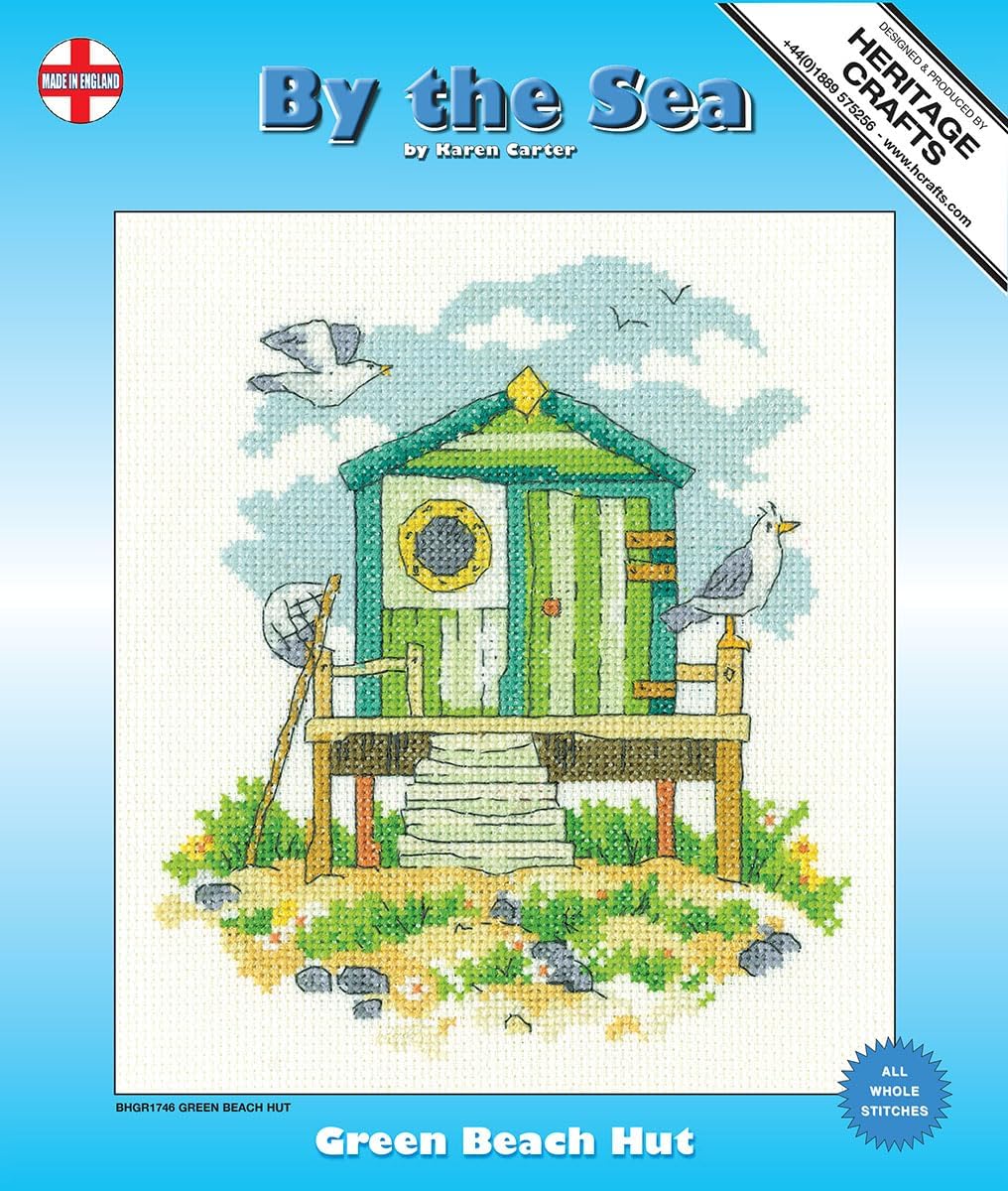 Heritage Crafts Counted Cross Stitch Kit - Green Beach Hut (AIDA) - Karen Carter, blue