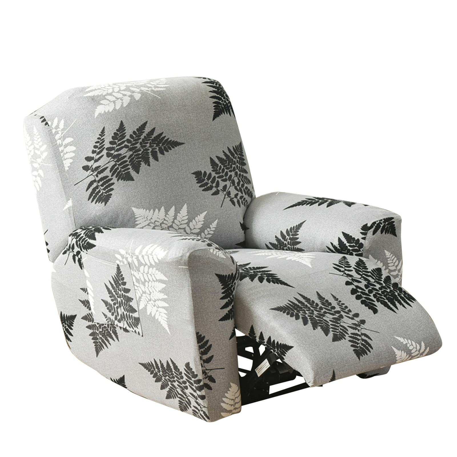 CZADMXP Stretch Recliner Sofa Covers, Printed Recliner Sofa Slipcovers for 1/2/3 Seater, Reclining Couch Cover Furniture Protector with Side Pocket (Grey leaves,1 seater)