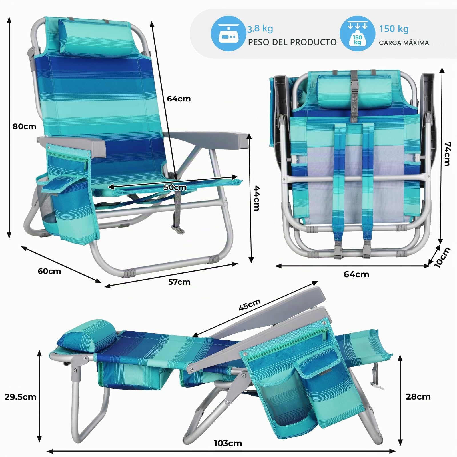 LIFERUN Silla de Playa Plegable de Aleación de Aluminio, Silla Plegable Ligera y Portátil como Mochila, Silla de Camping, Reclinable, Capacidad de Carga de hasta 150 kg, Silla Plegable de Exterior