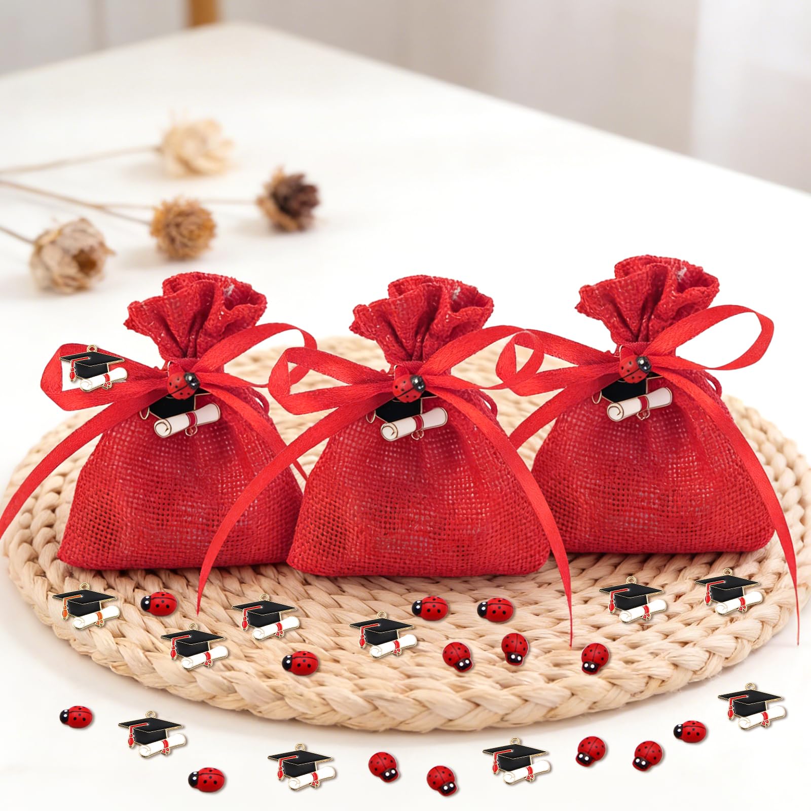 24Pz Bomboniere Laurea Portaconfetti, Rossa Sacchetti Laurea con Ciondoli Coccinella, Biglietti e Nastro per Cerimonie, Feste - 3