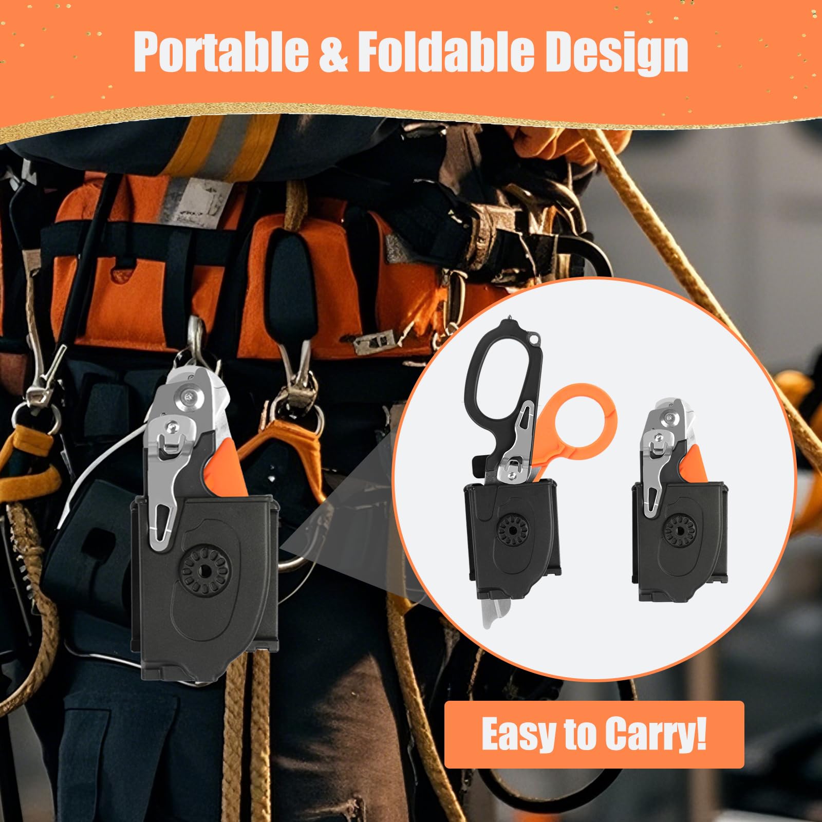 6 in 1 Multi-Function Pieghevole Forbici Trauma con fondina compatibile, Forbici di risposta di emergenza Outdoor Camping Rescue Tools con Strap Cutter e Glass Breaker (Nero & Arancione)