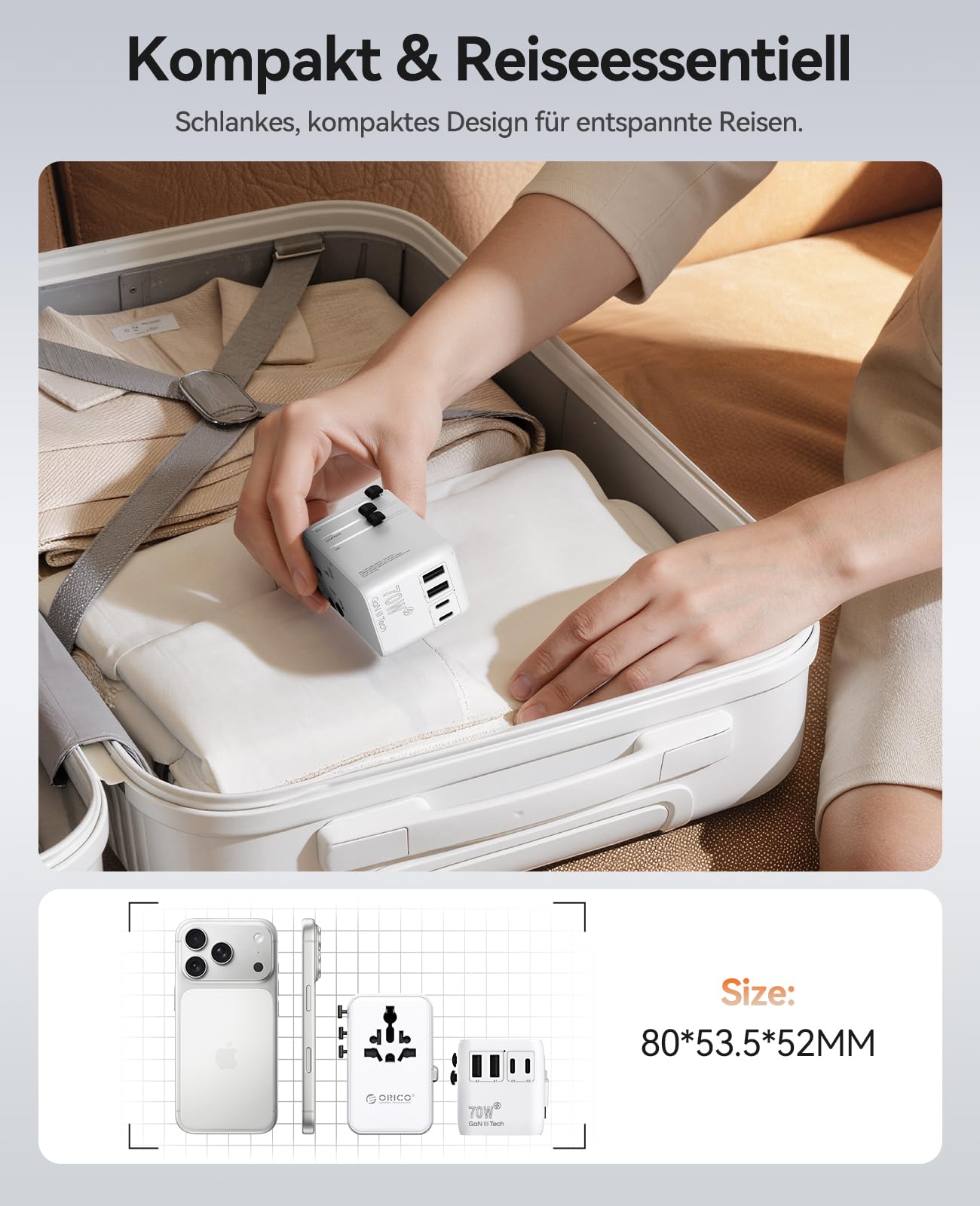 ORICO 70W GaN Reiseadapter mit Ausziehbarem Kabel, 7-in-1 Reisestecker, 3USB-C 2USB-A 2AC, 2 Sicherungen, Internationaler Adapter für Europa, UK, USA, Asien - UAX(Weiß)