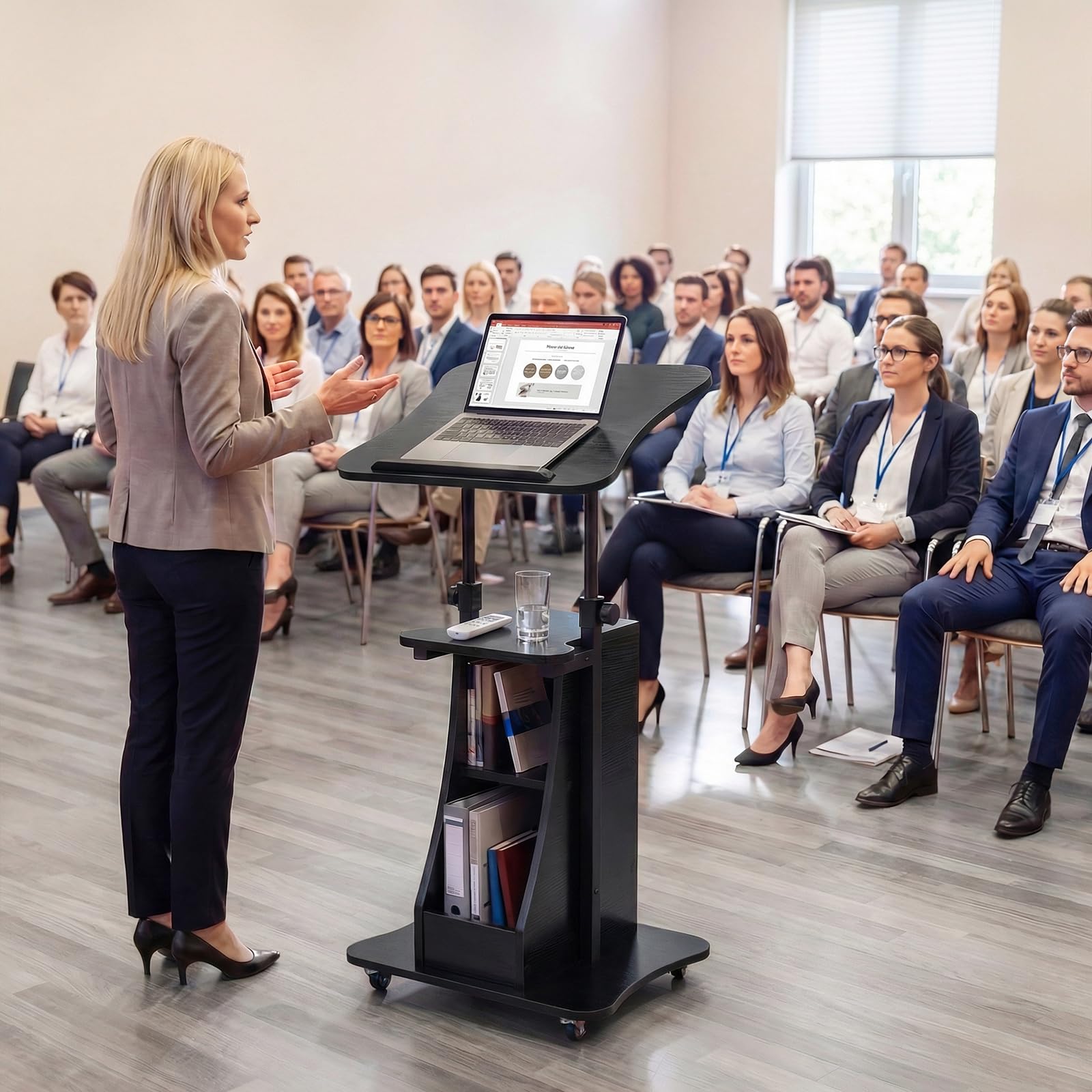 COSTWAY Leggio per Oratori, Podio per Conferenza con Ruote Bloccabile, Altezza Regolabile, Piano Ribaltabile e Armadietto Aperto, Leggio da Pulpito in Legno per Aula, Ufficio e Seminario (Nero)