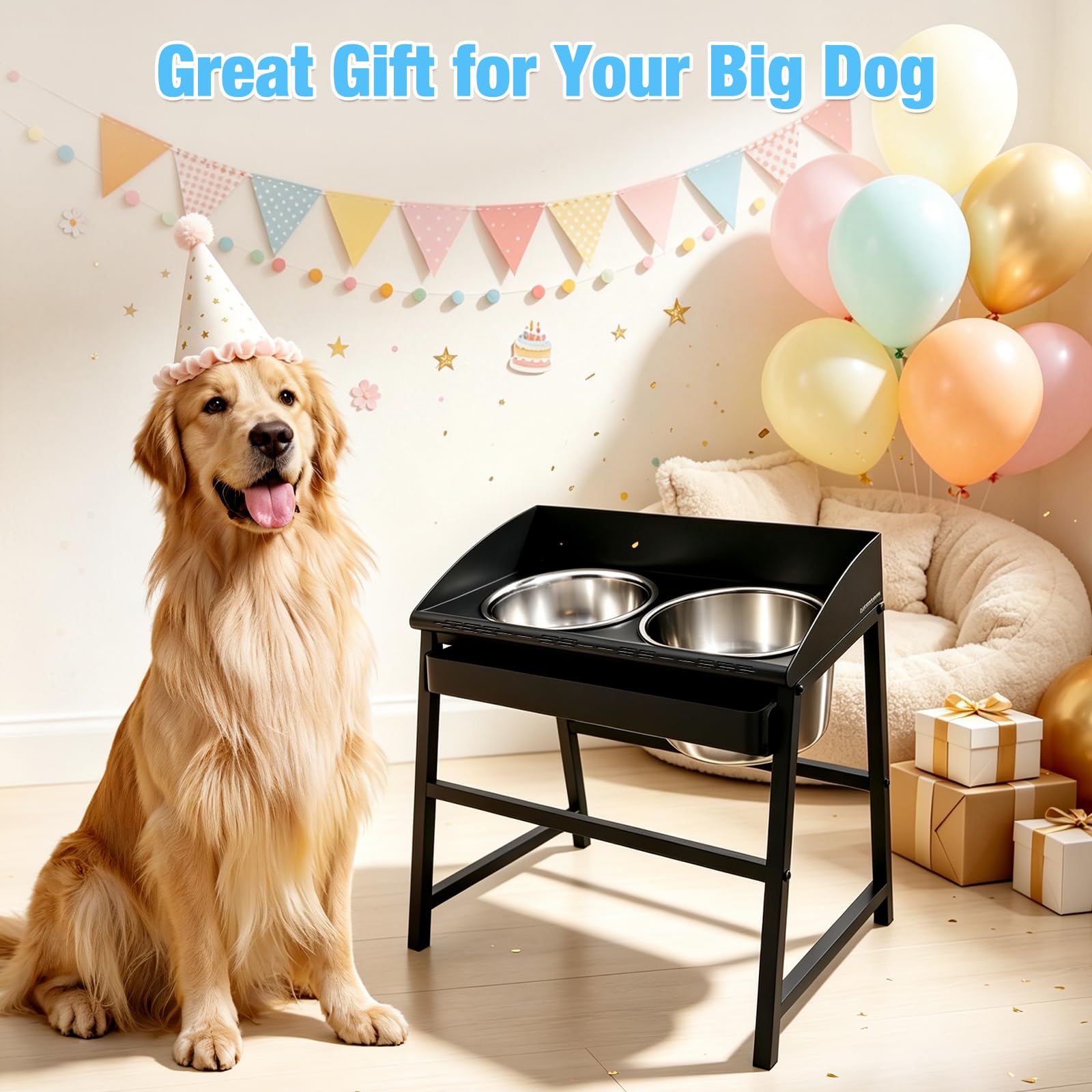 Cuencos elevados para perros grandes, juego de cuencos elevados de 15 pulgadas de alto para alimentos y agua con soporte, diseño de metal completo a prueba de derrames y cuencos de acero inoxidable
