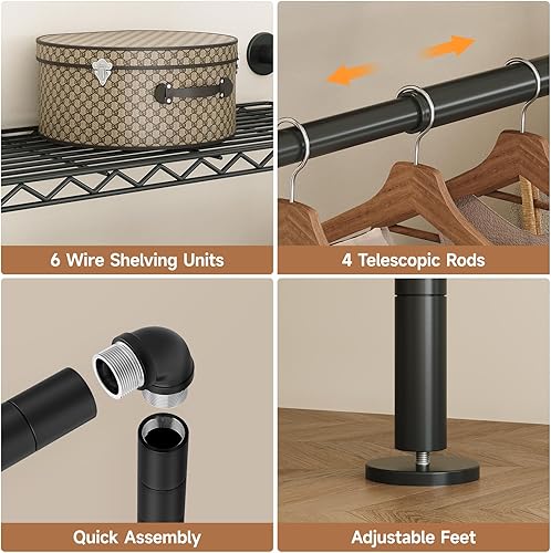 Miniatura 7 de P3 - Sistema industrial de armario de tuberías, estantes de ropa montados en la pared con 4 varillas telescópicas y 6 estantes de malla, perchero