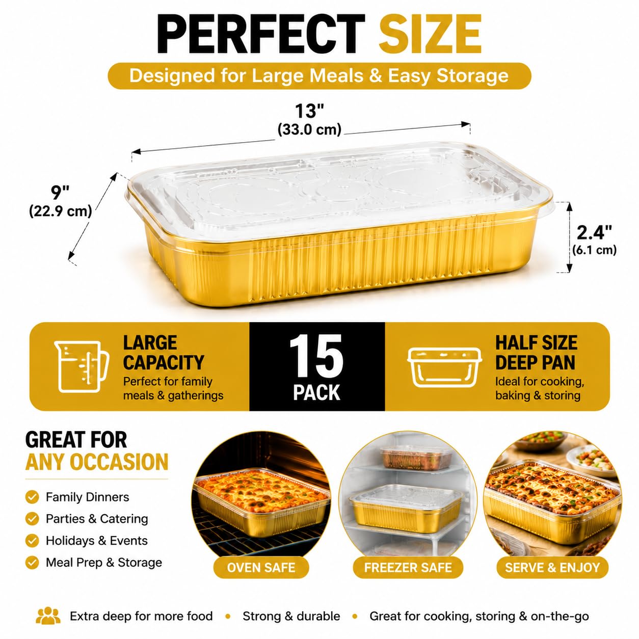 Paquete de 15 sartenes de aluminio resistentes con tapas de 9 x 13 pulgadas, bandeja de aluminio dorado para hornear de tamaño medio, contenedor de alimentos de doble grosor con tapas para
