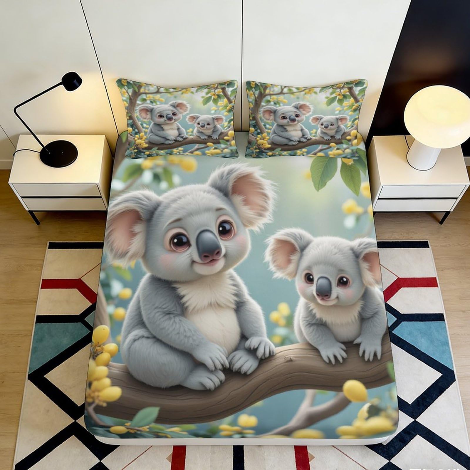 3D Printed Koala Fitted Sheet Microfiber Non-Slip Deep Pocket Koala Mattress Fitted Cover Elastic Hem Bedroom Bedding for Adult Teen 140x200x25cm