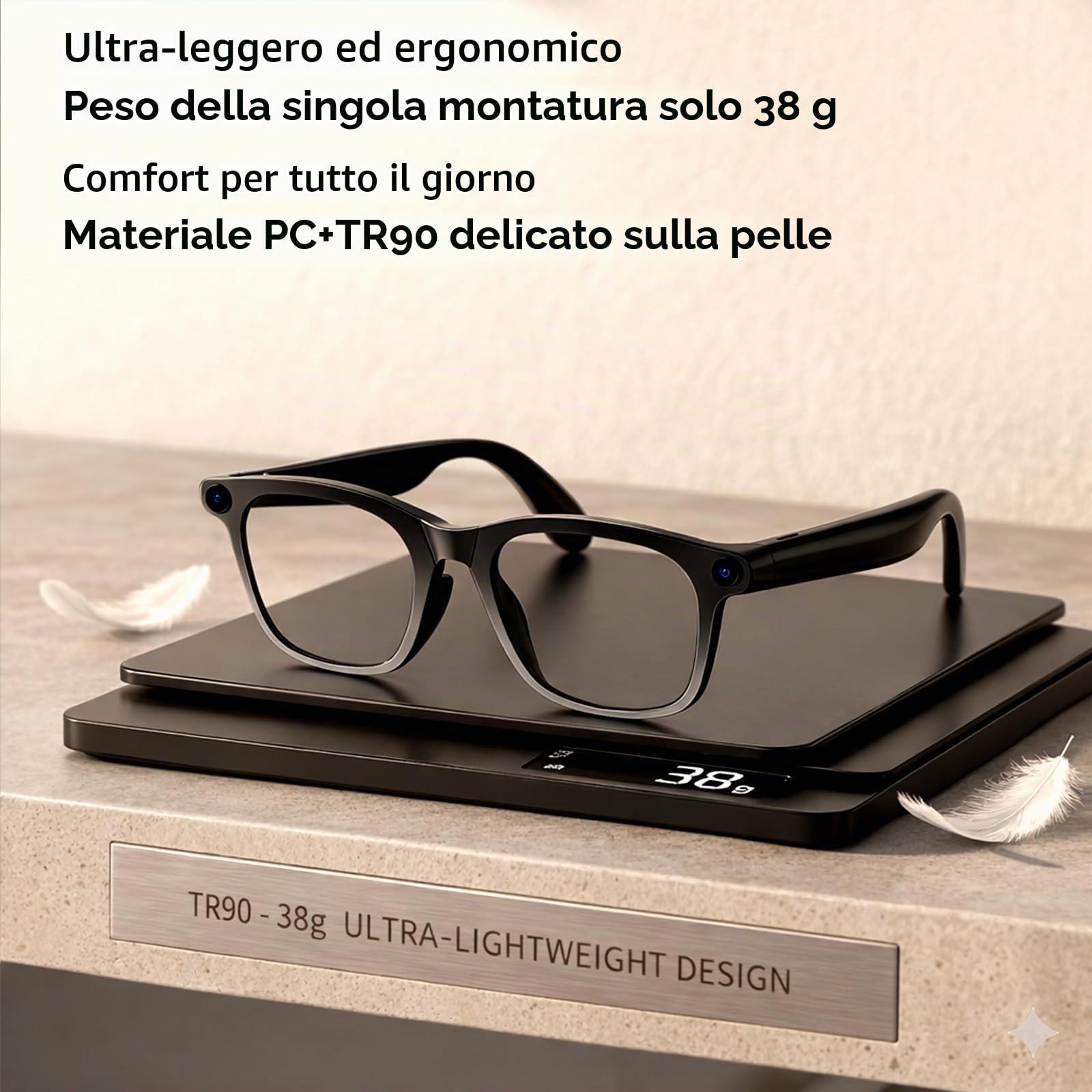 GLV-024P Occhiali Smart con Fotocamera 12MP e Video Full HD 1080P, Occhiali Intelligenti con AI, Comando Vocale, Audio Bluetooth, Stabilizzazione 6 Assi, WiFi 5GHz, Ideali per Vlog e Sport, 32GB