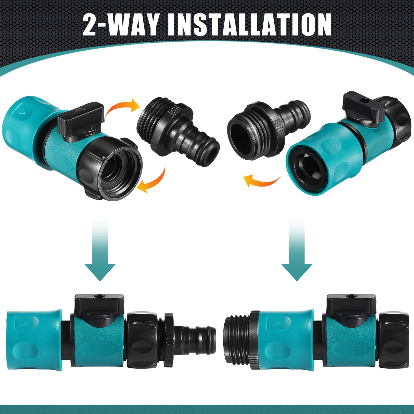 Threlaco 20 connettori rapidi per tubi da giardino in plastica da 3/4", con valvola, 40 rondelle in gomma e 40 adattatori maschio per accoppiamento del tubo dell'acqua (stile semplice)
