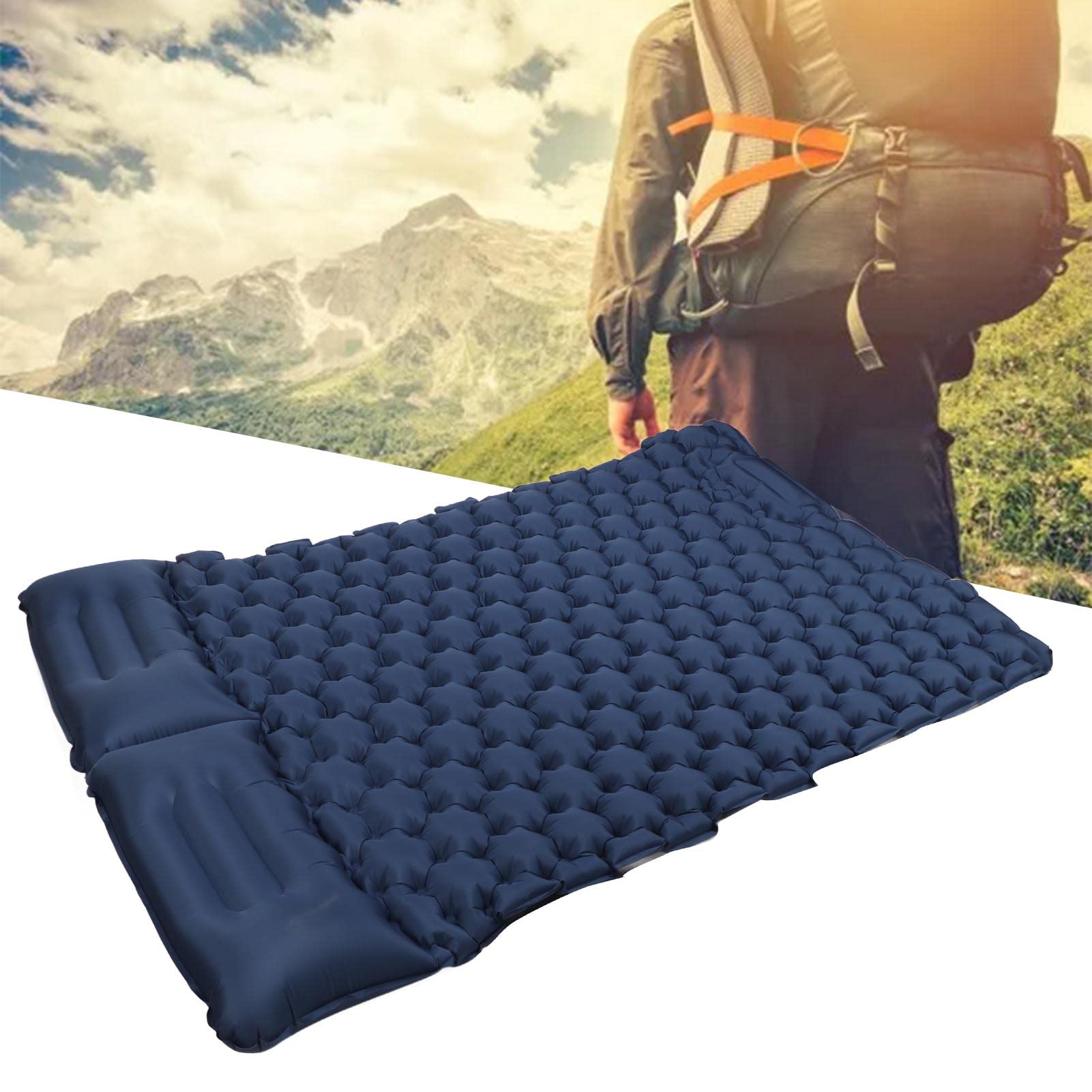 Colchoneta Inflable Doble para Acampar con Almohada, Colchoneta Doble Autoinflable con Almohada, Colchoneta De Nailon Impermeable para Exteriores para Senderismo, Camping (Azul Oscuro)