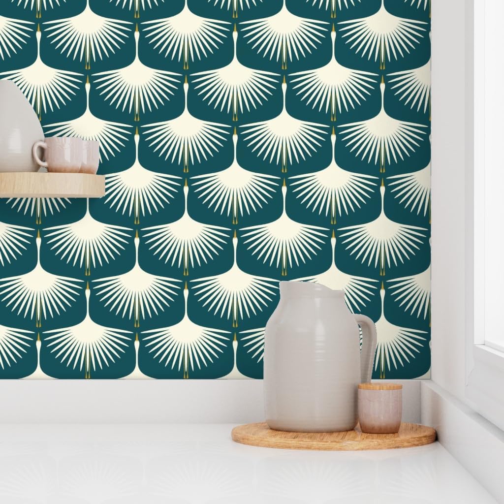 Removable Wallpaper 6ft x 2ft - Mid Century Midcentury Modern White Swans Retro Deep Teal Traditional Cranes Custom Pre-Pasted Wallpaper by Spoonflower