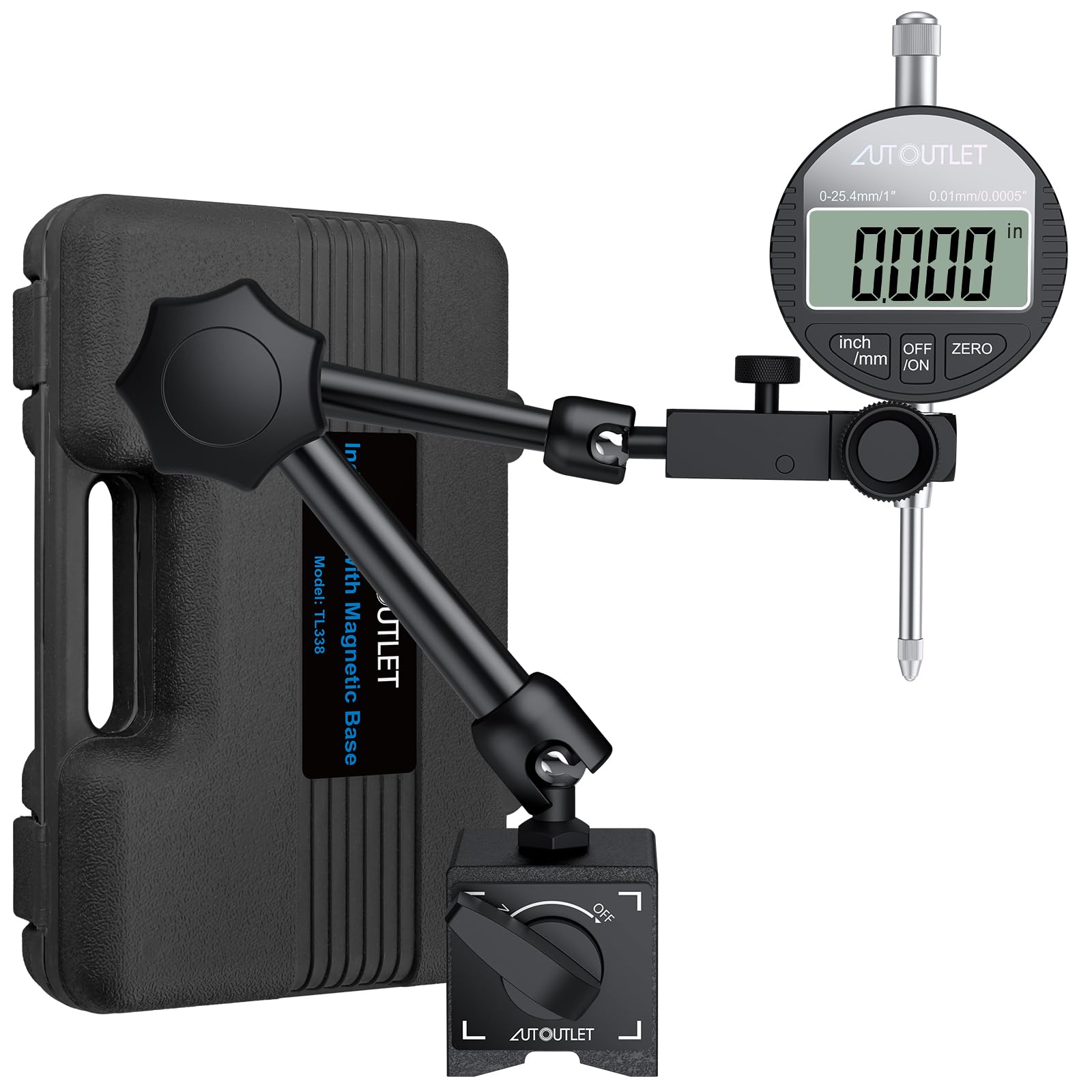 AUTOUTLET Digital Messuhr und Magnetfuß mit Zentralklemmung 25cm 132lbs/60kg Maximale Zugkraft, 0-25,4mm/1'' Messtaster Zoll/Metrische Umrechnung, Magnet Messuhrhalter, für Labor Werkstatt 3D Drucker