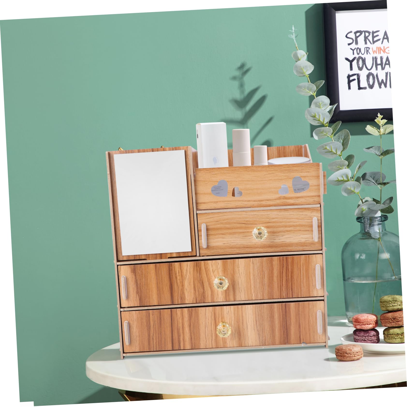 Boîte de Rangement Cosmétiques en Bois Miroir, Tiroirs