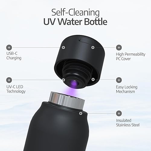 Miniatura 2 de UVBRITE Botella UV autolimpiante y purificadora de agua TT-B02-Vaso de acero inoxidable recargable aislado de 18.6 onzas con bloqueo de seguridad