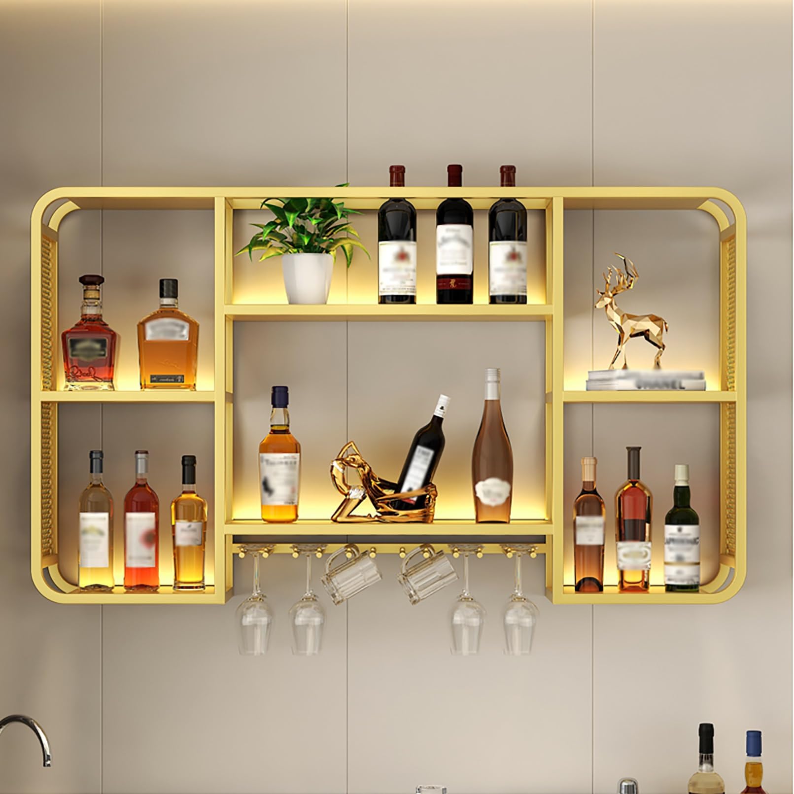 Casier à vin mural lumineux LED en métal noir pour ranger vos verres