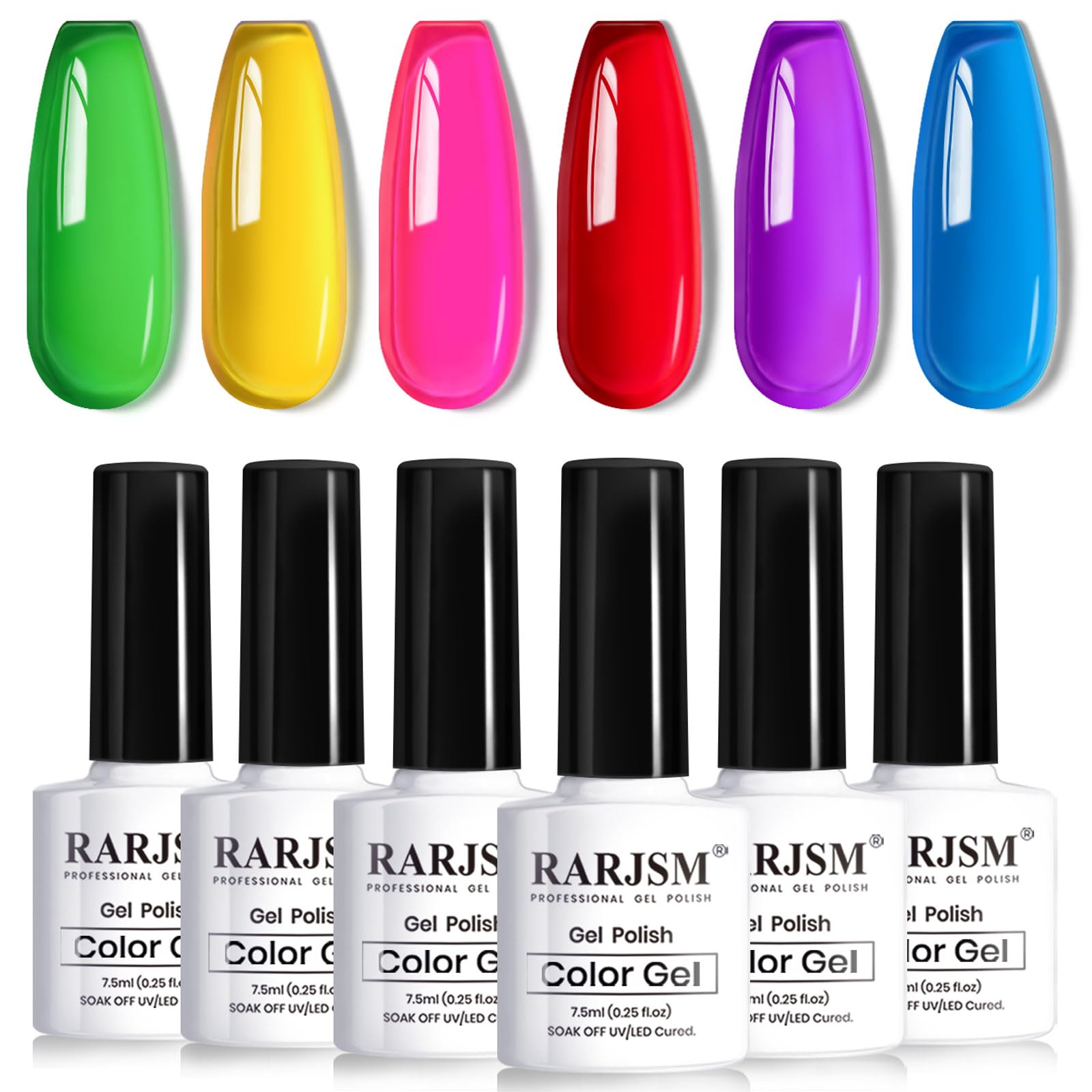 RARJSM Neon Jelly Gel Nail Polish Set 6pcs Clear Crytal Glass Yellow Blue Green Red Pink Purple Transparent Sheer Gel Varnish LED UV Curing Requires French Manicure Soad off Summer Iridescent Colors