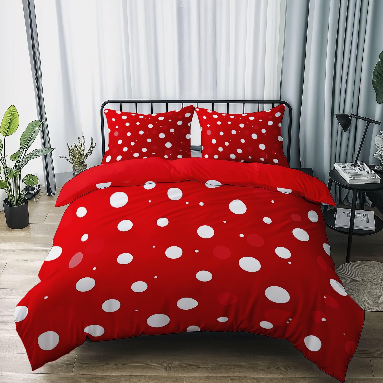 Poszwa na kołdrę 240x260 cm z mikrofibry, pojedynczy zestaw pościeli z geometrycznymi kółkami z 2 czerwonymi poszewkami na poduszki z nadrukiem Dwustronna poszwa na kołdrę na 4 pory roku
