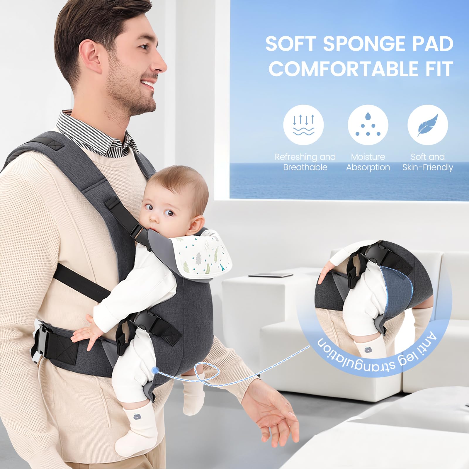 Babytrage, Baby Carrier for Newborns Trage Baby Ergonomische für Kleinkinder Tragetuch Baby Neugeborene mit verstellbarem Hüftgurt Schulterriemen Vorne und Hinten Tragen für 1-36 Monate (Grau)