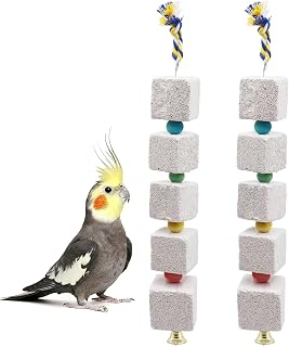 2 Pack Mineral Block Chew Toys with Colorful Beads and a Bell, Bird Beak Grinding Stone, Cage Accessories for African Grey, Budgies, Cockatiels, Small to Medium Birds