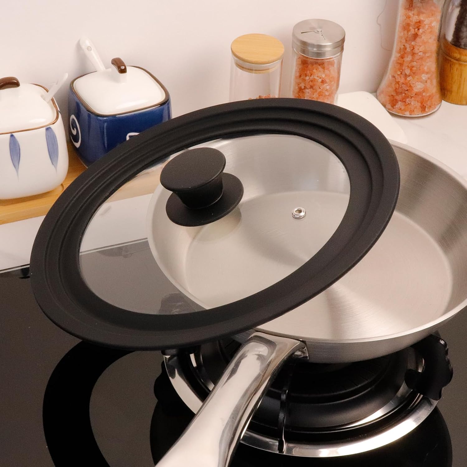 Universal Silicon Glass Lid Fits 9", 9.5", 10.5" Inner Diameter Pots Pans and Skillets, Heat Resistant Silicone Rim Tempered Glass Pot Lid Replacement Lids for Pans Cookware (Black)