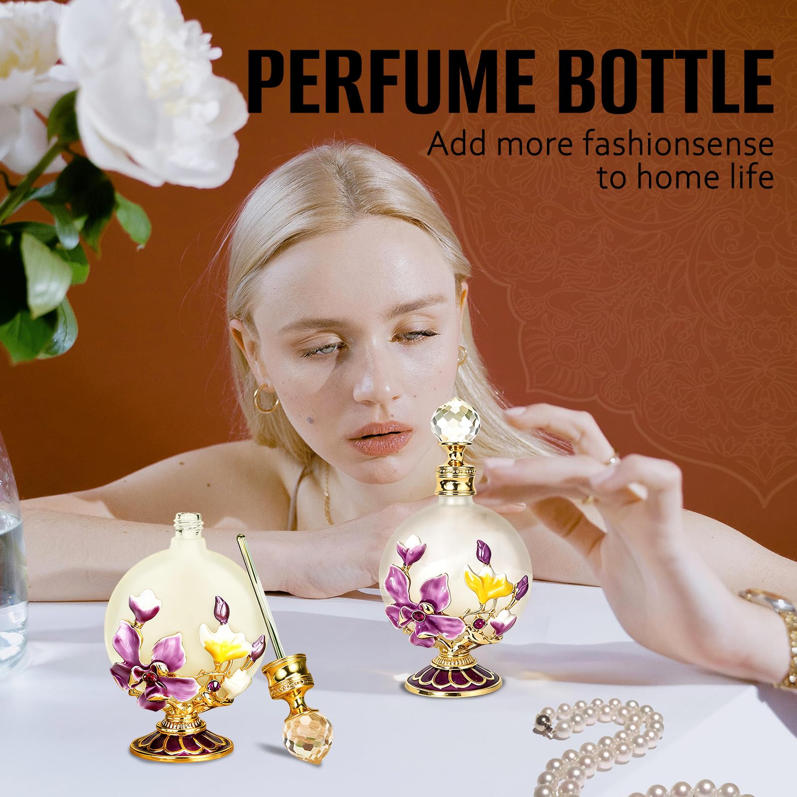 Joyeee Botellas de perfume de vidrio vacías 30 ml con magnolia rosa, frascos portátiles de aceite esencial vintage