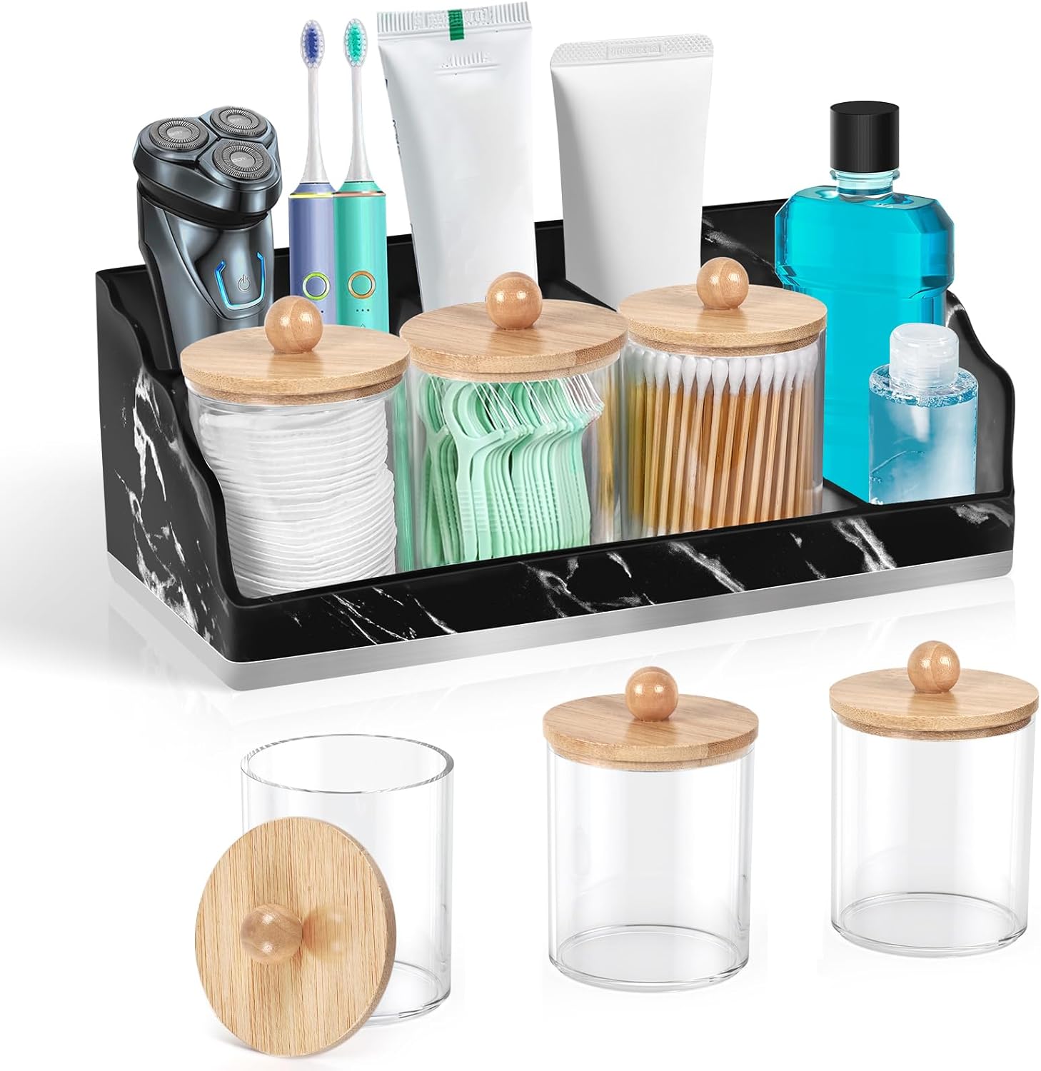 TuCao Marble Bathroom Countertop Organizer, Toothbrush Holders for Bathroom with 3PCS Qtip Holder Dispenser and Toothpaste Holder Drainage for Bathroom Accessories Organization Counter Vanity Storage