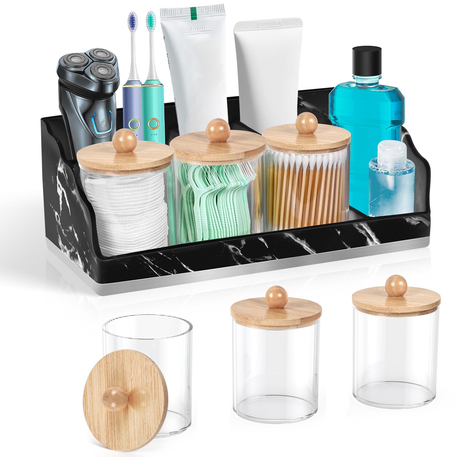 Photo 1 of TuCao Marble Bathroom Countertop Organizer, Toothbrush Holders for Bathroom with 3PCS Qtip Holder Dispenser and Toothpaste Holder Drainage for Bathroom Accessories Organization Counter Vanity Storage