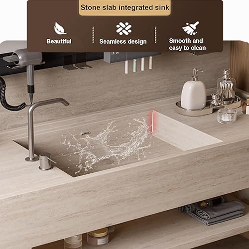 Miniatura 5 de Tocador de baño – Juego de tocador de baño montado en la pared con fregadero sin costuras y gabinete de espejo LED inteligente de desempañamiento